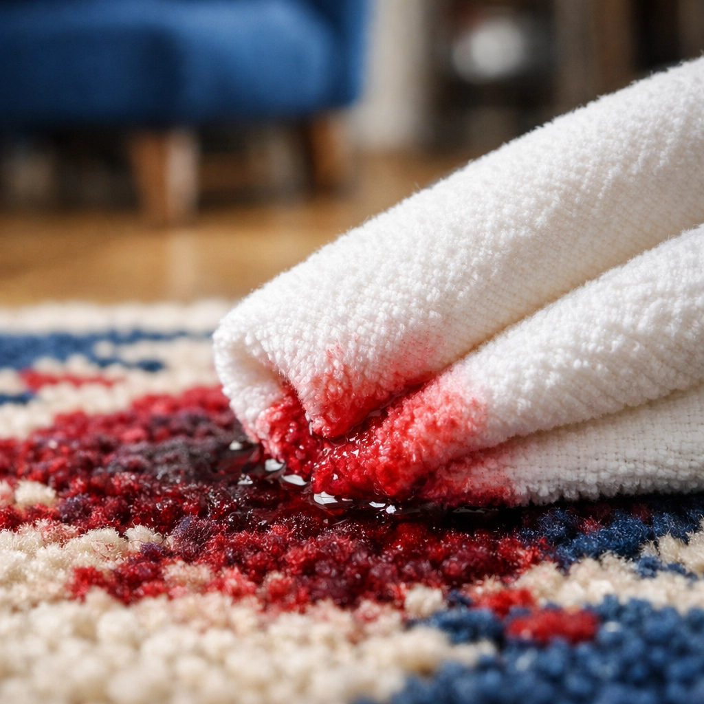 Blotting a red wine spill on a wool carpet with a clean white cloth to prevent permanent stains.