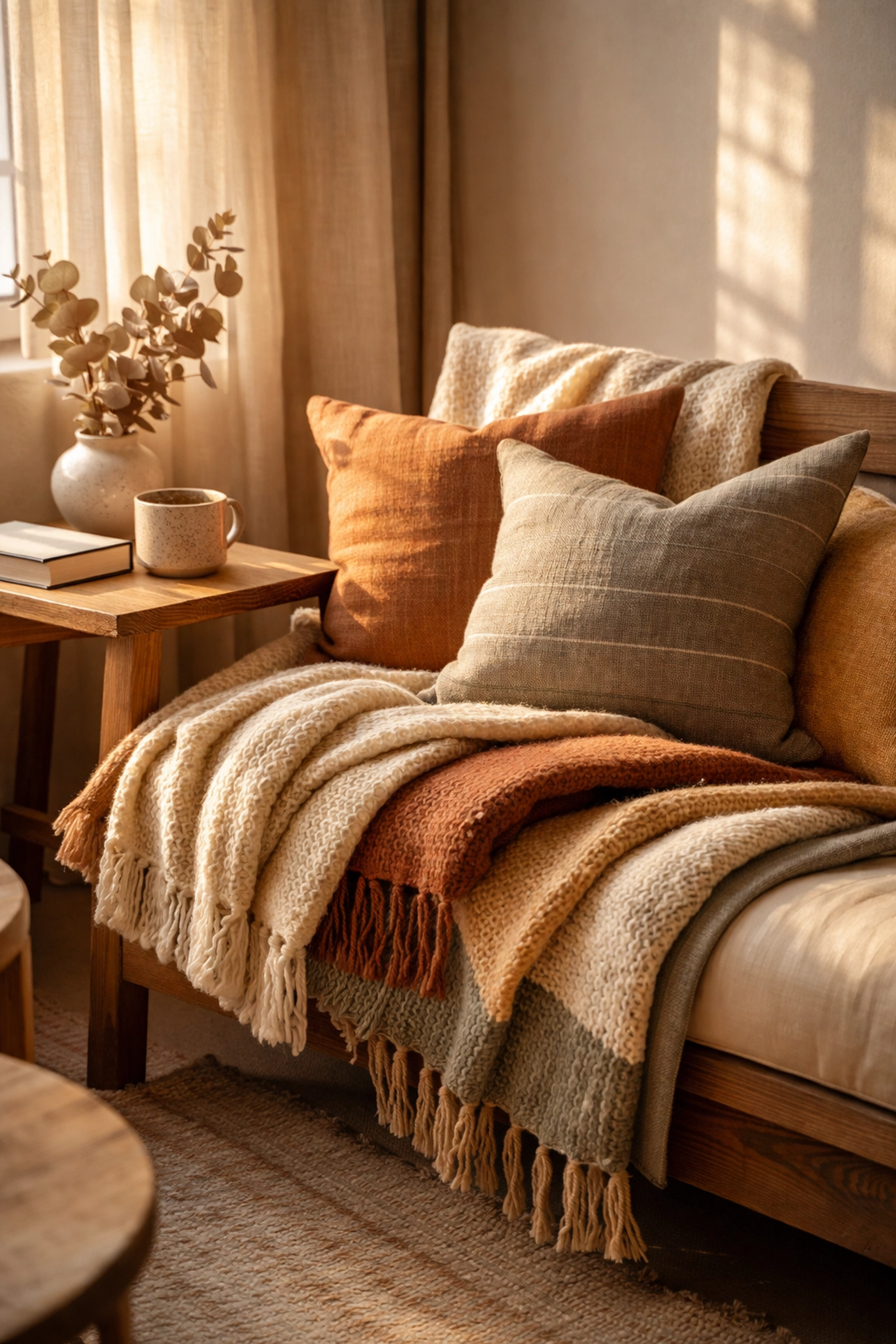 Cozy living room corner with handwoven blankets and throw pillows in warm tones, showcasing handcrafted textiles for home decor.