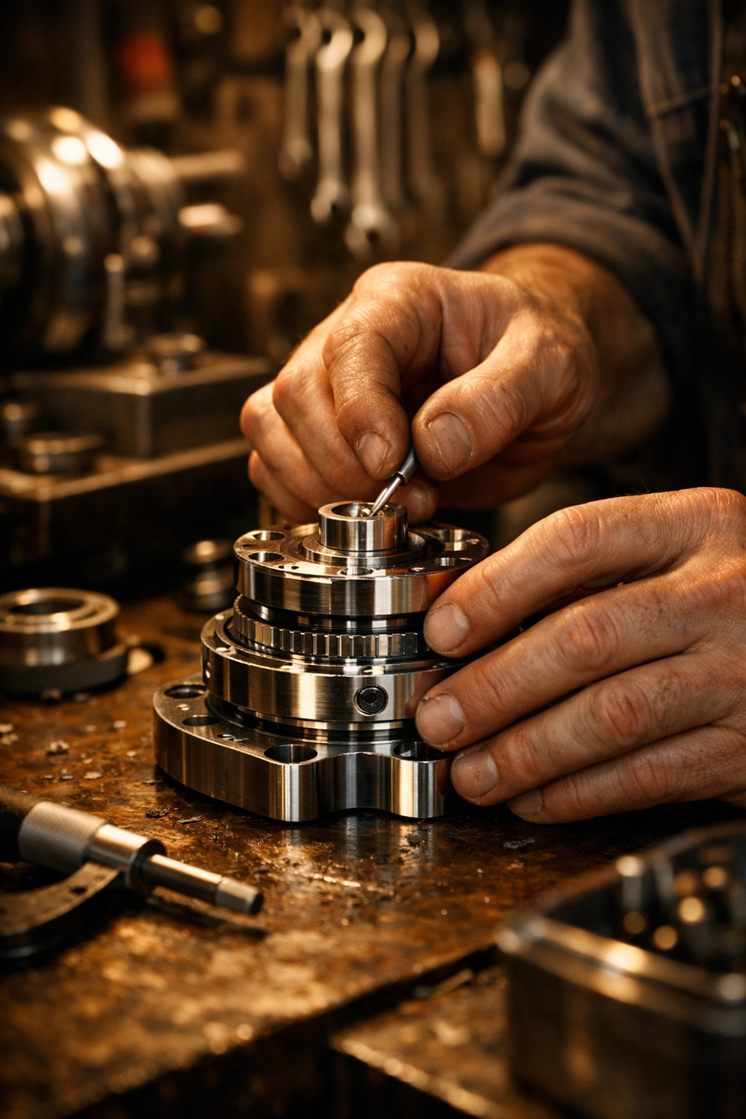 Skilled manufacturing worker meticulously assembling a high-quality branded product by hand.