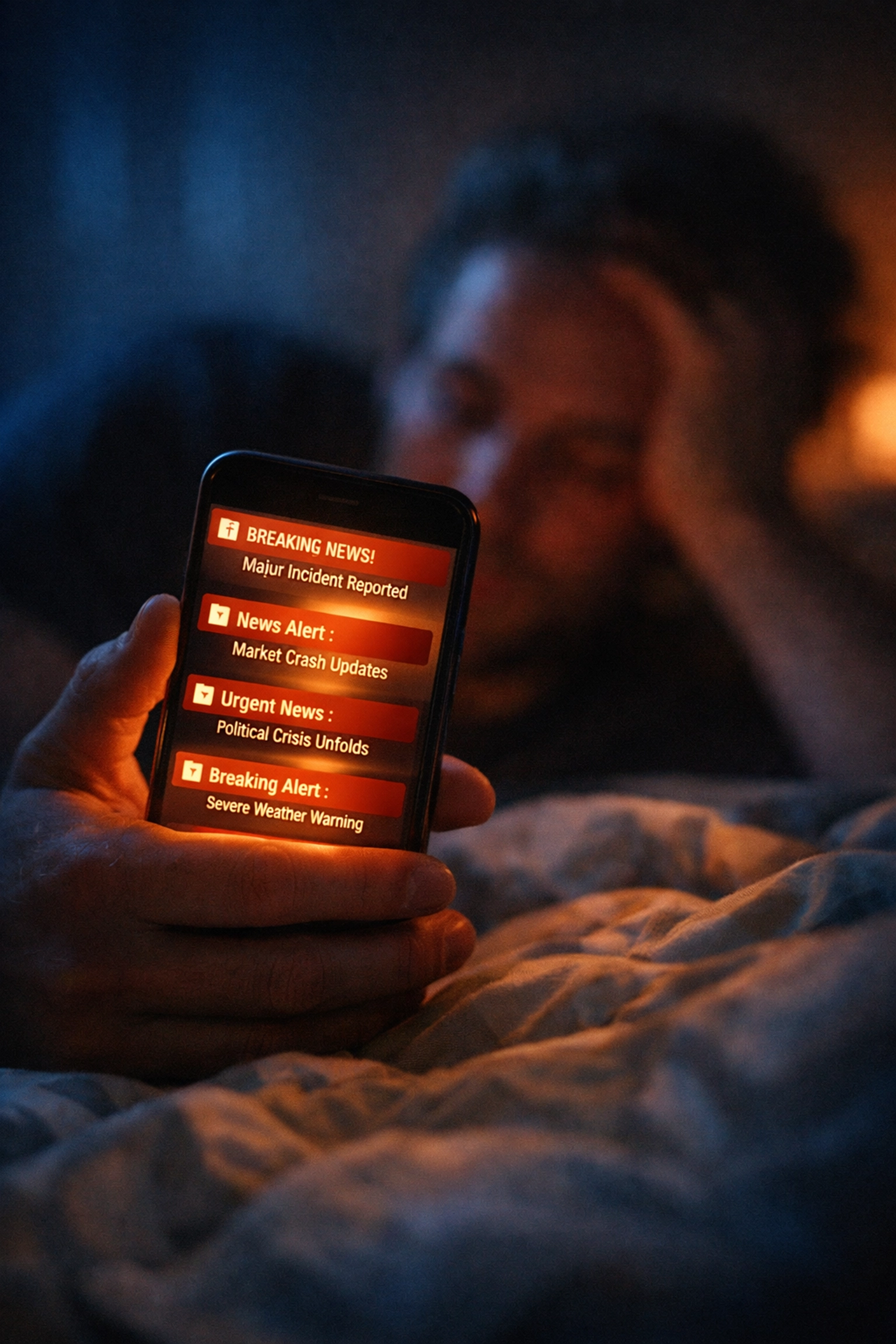 Phone glowing with news alerts on bed at night showing doomscrolling and news-related stress