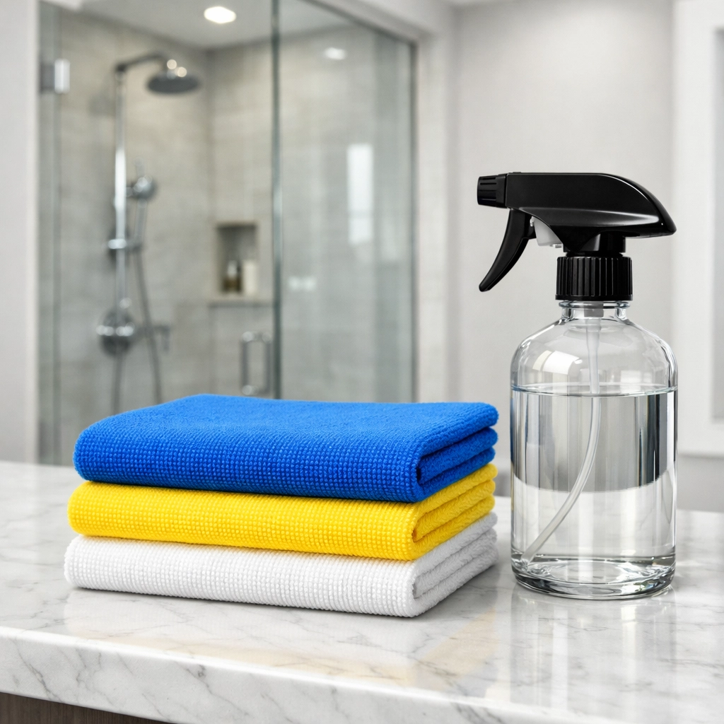 Color-coded microfiber cleaning cloths and spray bottle used for professional bathroom sanitation.