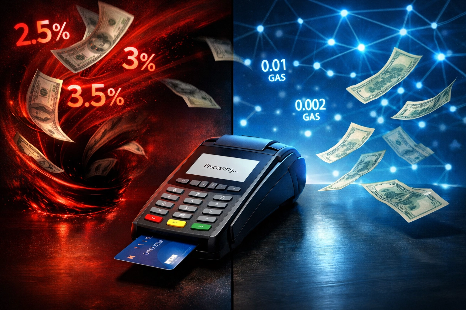 Traditional payment processor fees draining merchant revenue compared to Larecoin's low blockchain fees