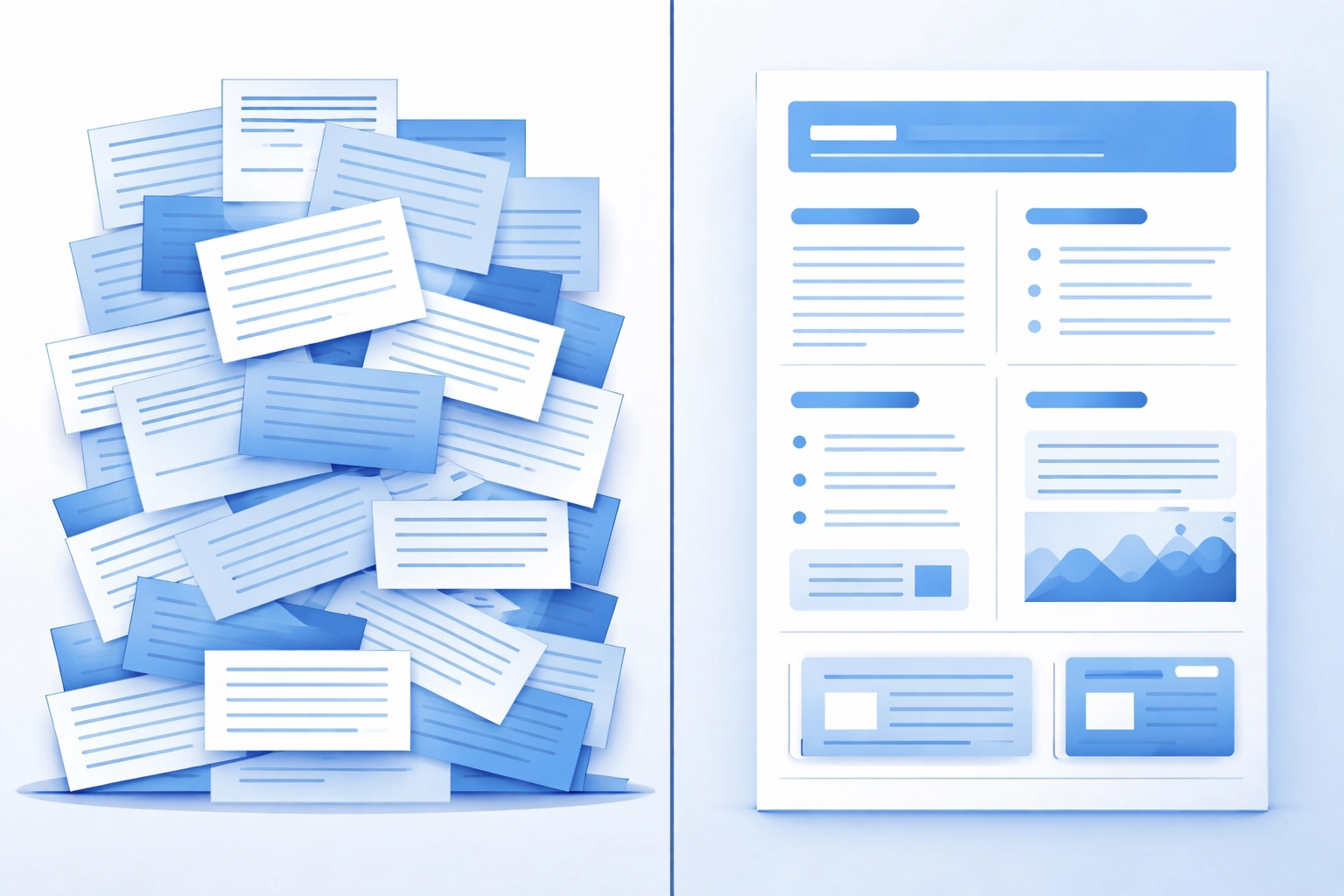 Split-screen of messy versus organized web content, highlighting the importance of clear content structure for SEO