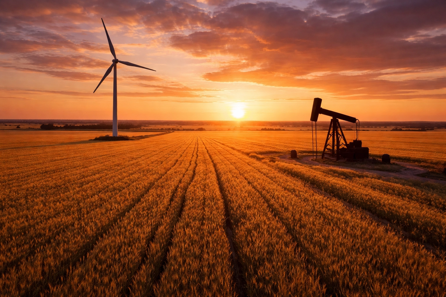 Aerial view of wheat fields, wind turbine, and oil derrick at sunset representing agriculture and energy investments.