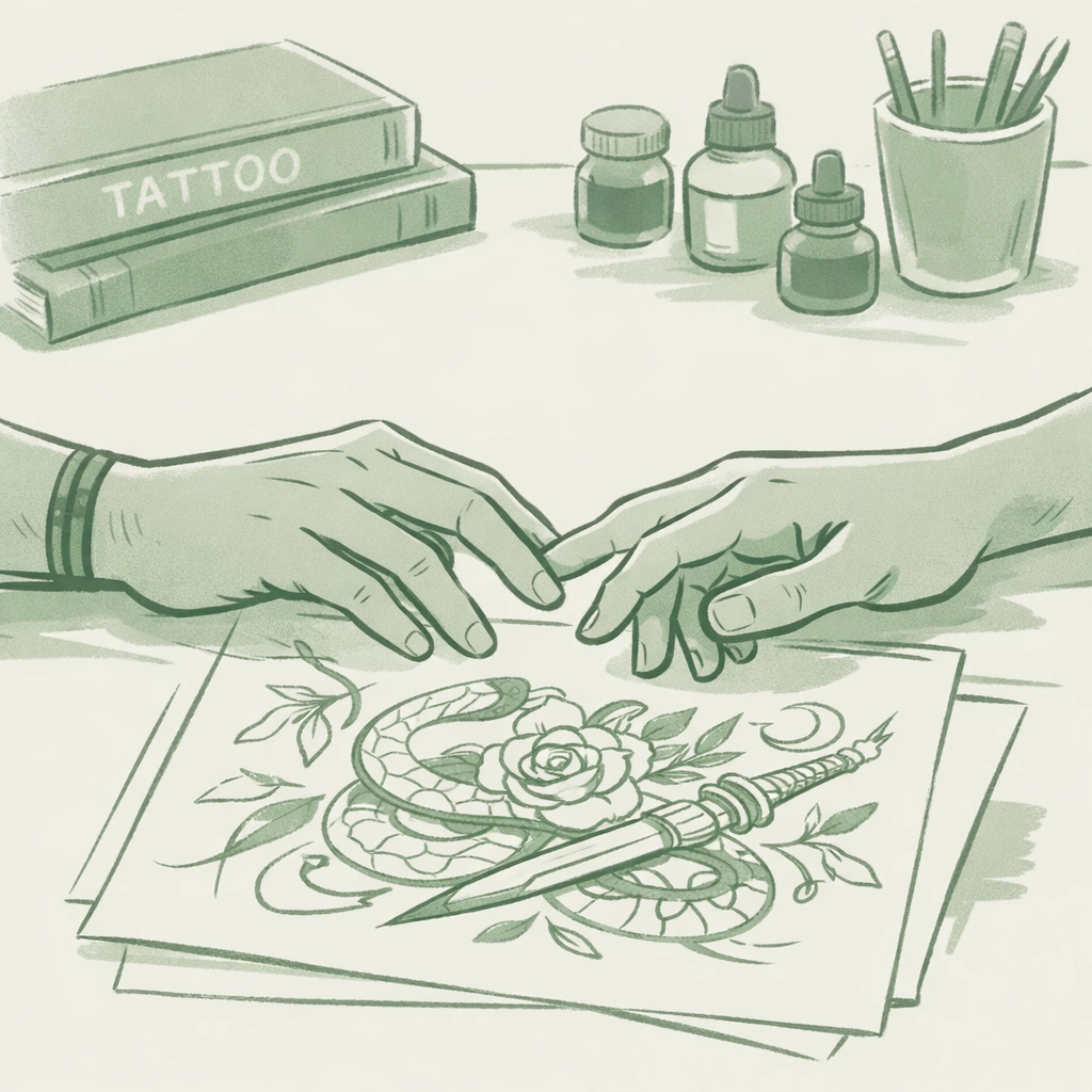 Gay man's first tattoo consultation with male artist reviewing memorial wave design