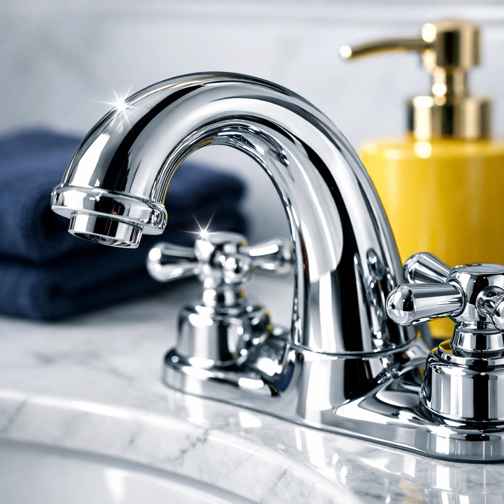 Sparkling chrome bathroom fixtures on marble after a detailed deep cleaning MA session.