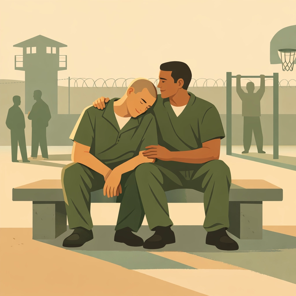Two men sharing intimate moment on prison yard bench, MM romance