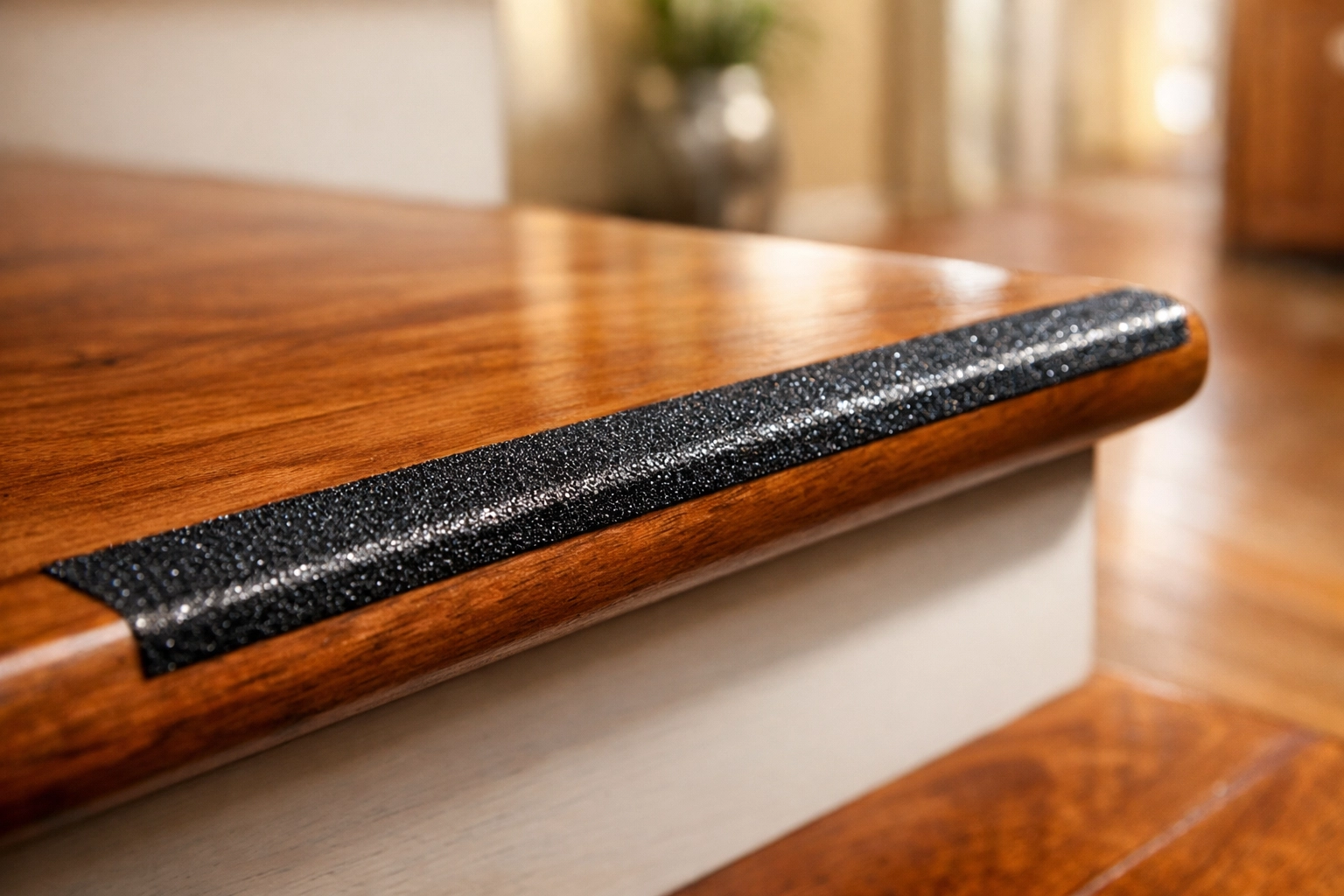 Textured anti-slip safety strip applied to the edge of a wooden stair tread for better grip.