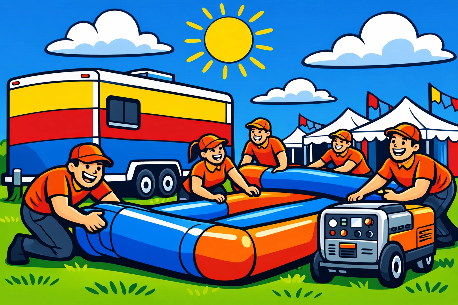 Professional staff setting up a portable bumper car arena and generator for an outdoor festival in Ontario.