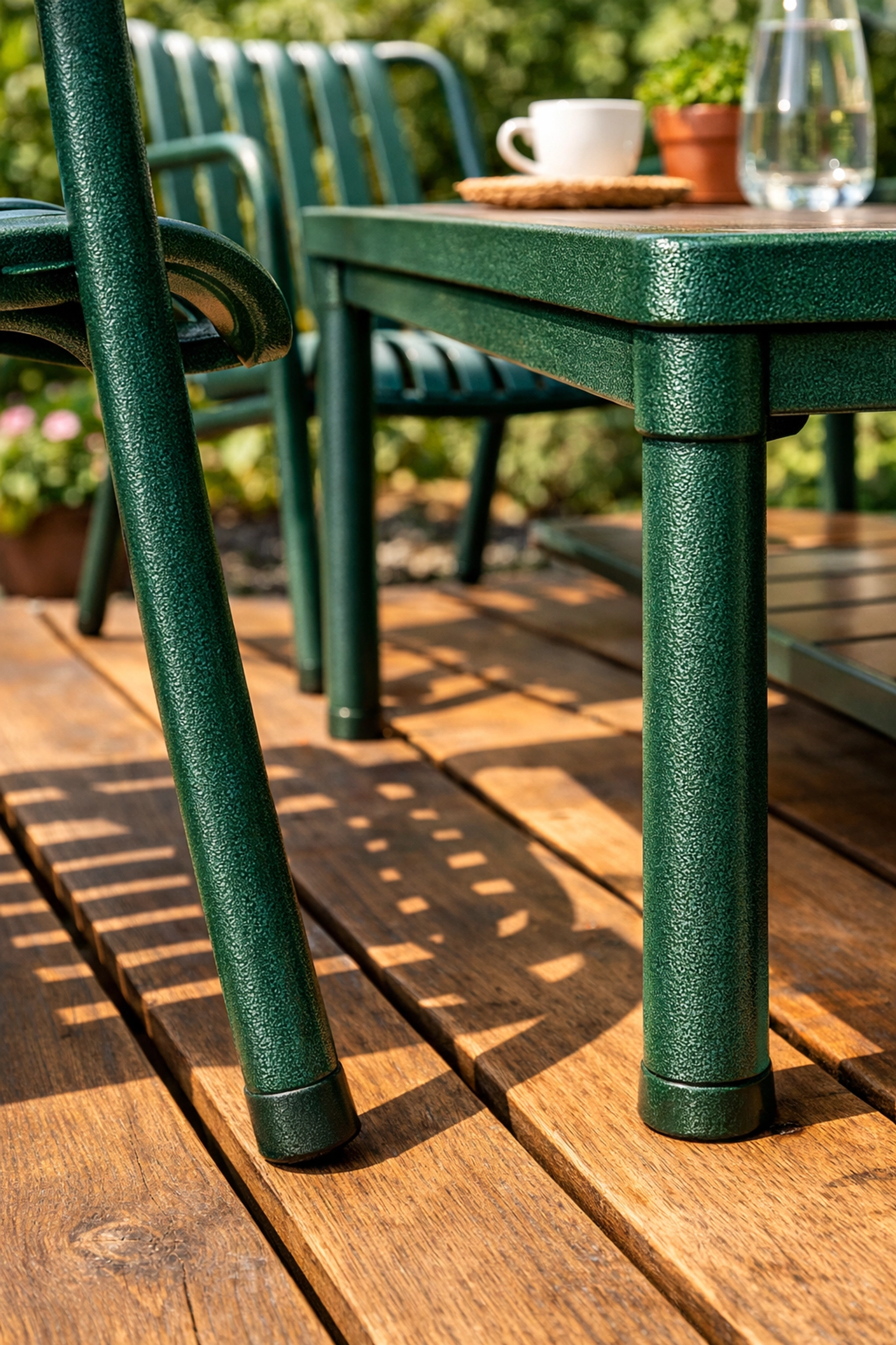 Restored metal patio furniture with green powder coating on outdoor deck
