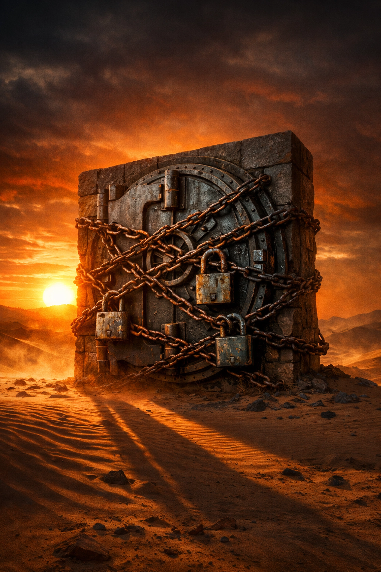 A locked and chained stone vault in the desert symbolizing the financial isolation and sanctions on unbanked countries.