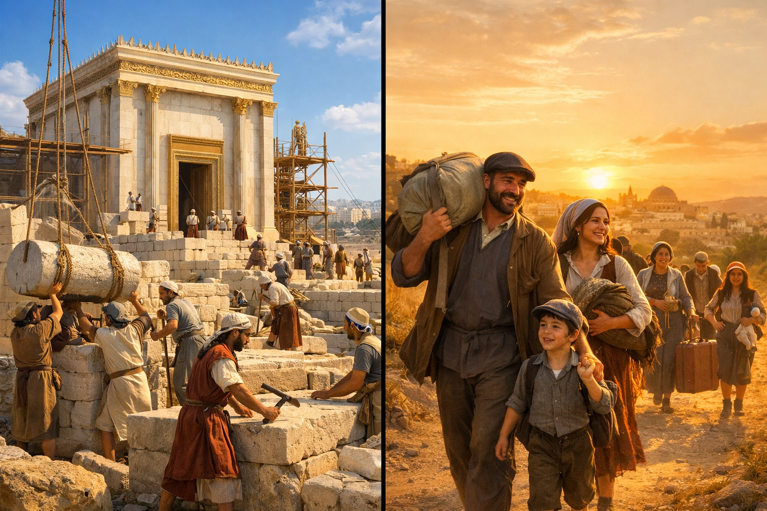 Biblical scene showing Jewish exiles returning to Jerusalem to rebuild the Second Temple under Cyrus