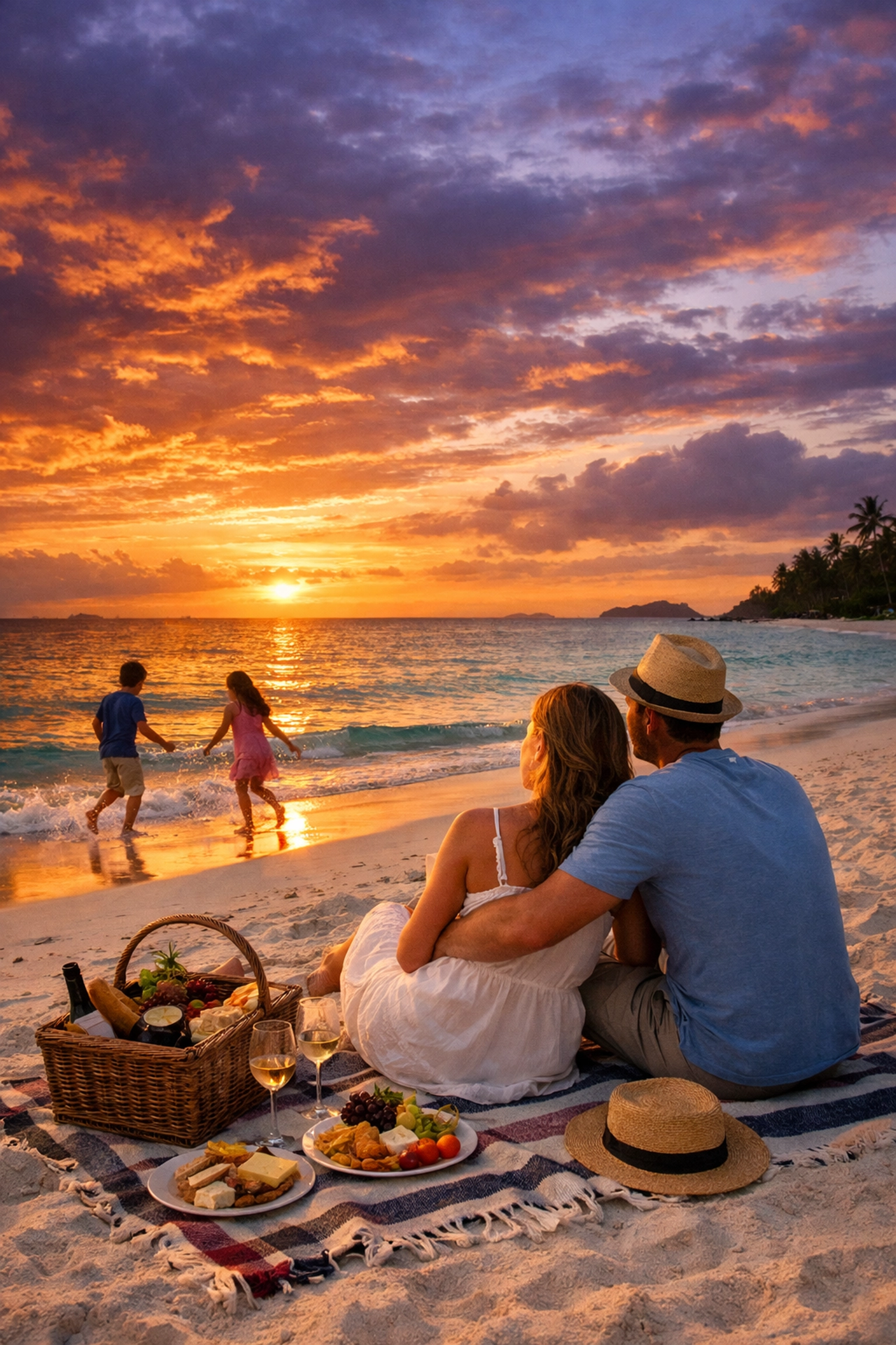 Family enjoying a sunset picnic on the beach, a relaxing activity for a stress-free family vacation.