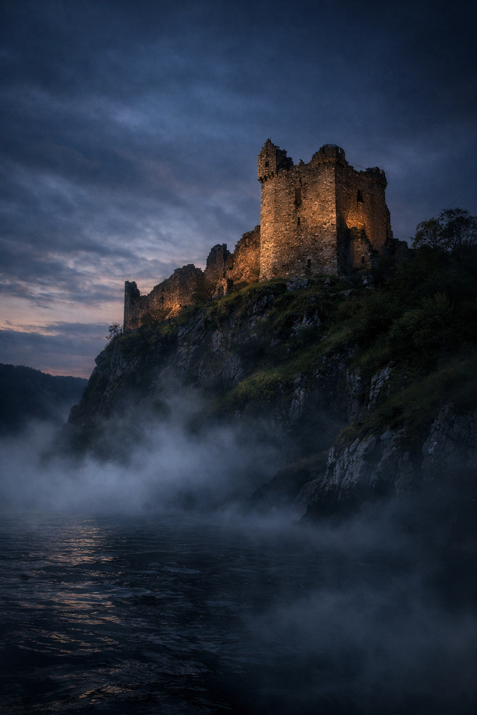 Ancient stone ruins of Urquhart Castle overlooking the misty waters of Loch Ness at twilight.