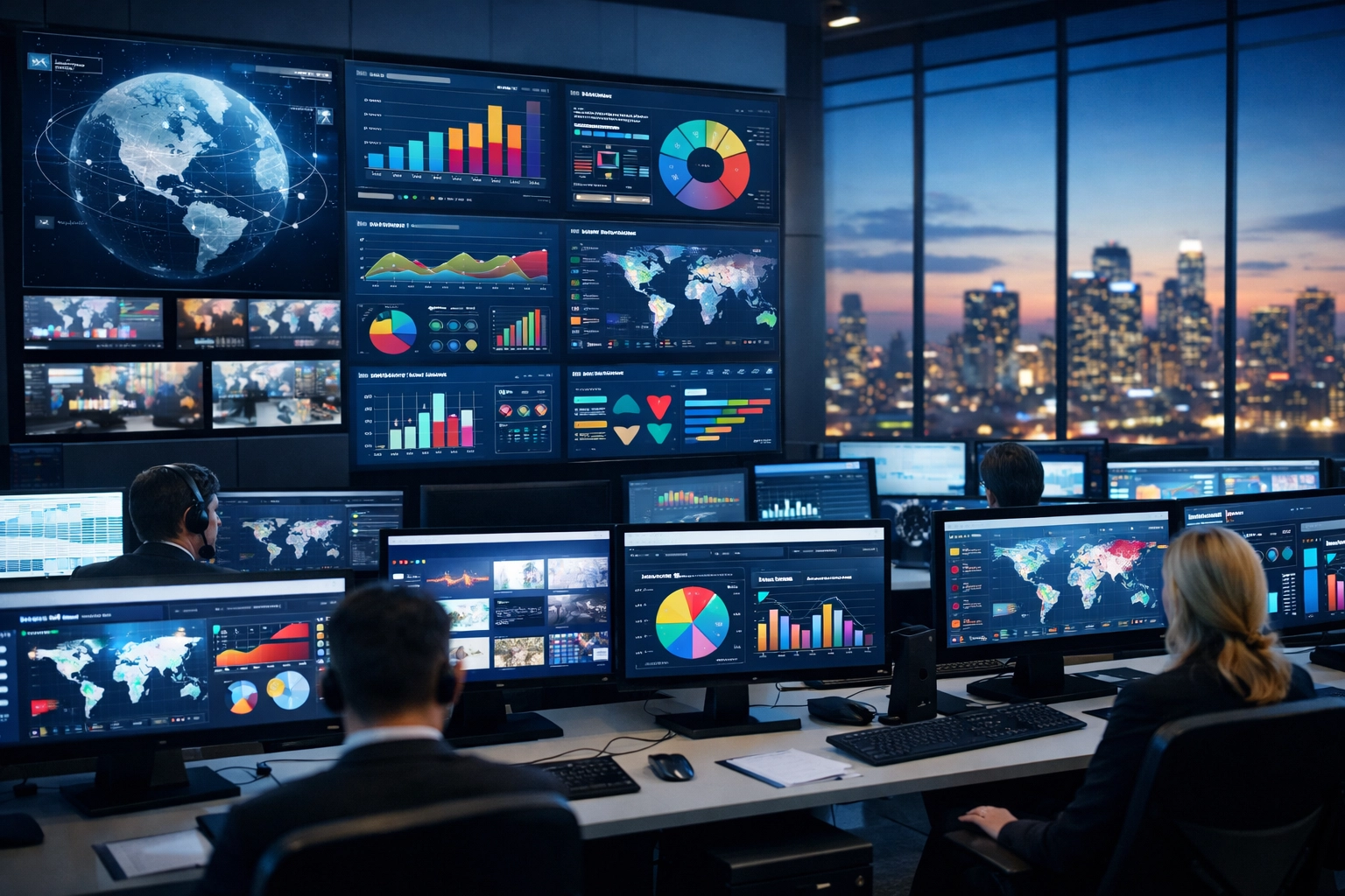 Modern media operations center displaying strategic data analytics for integrated media solutions.