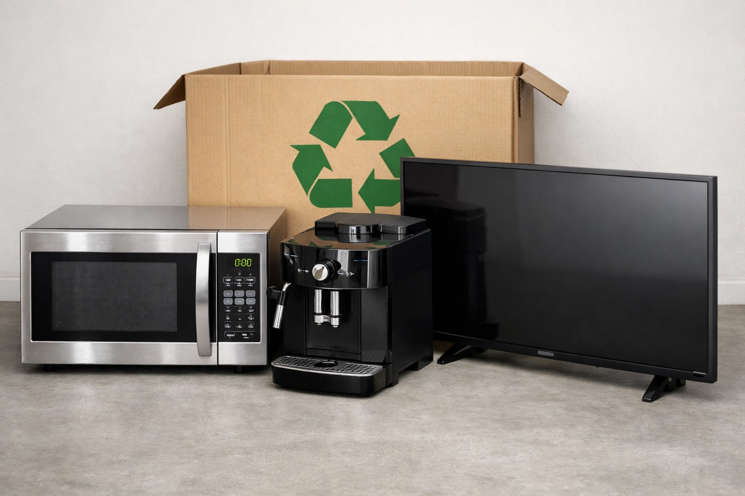 Collection of household appliances including a microwave and TV staged for professional recycling.
