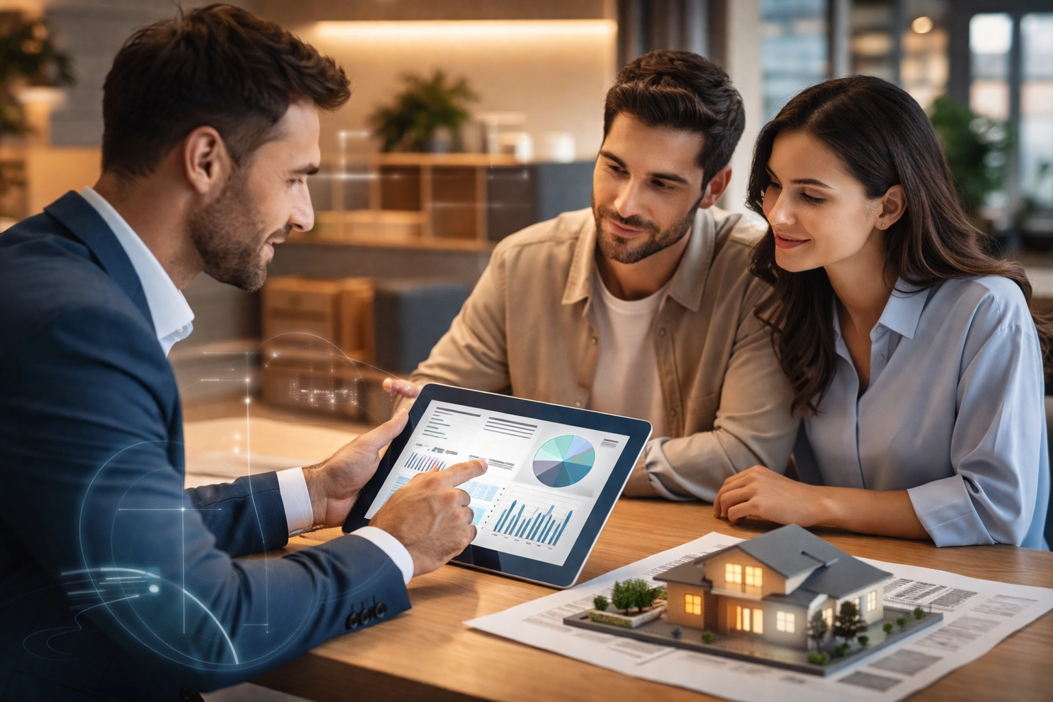 Realtor and clients reviewing a tablet with data visuals in a modern office, representing AI-powered real estate planning
