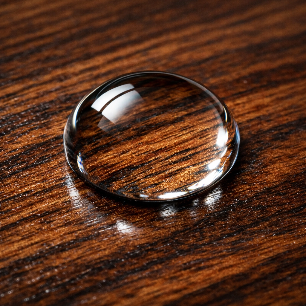 Water beading on a durable walnut wood finish, showing moisture resistance for bathroom vanities.