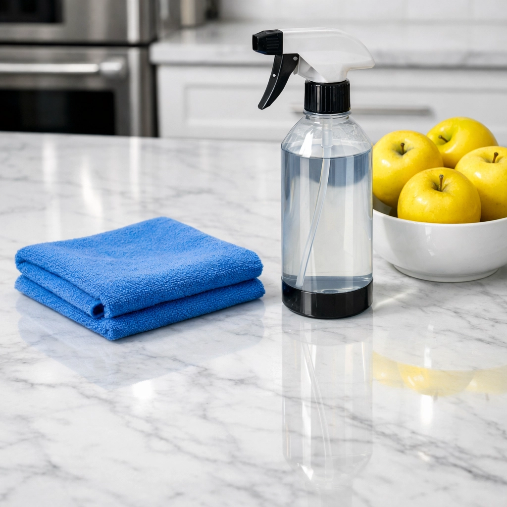 Close-up of a sparkling marble countertop cleaned by professional cleaners Pepperell MA with eco-friendly products.