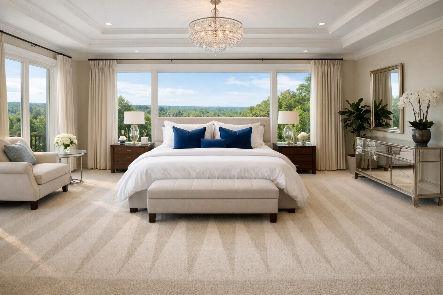 Luxury house cleaning Weston MA results in a grand master bedroom with pristine linens and vacuum lines.