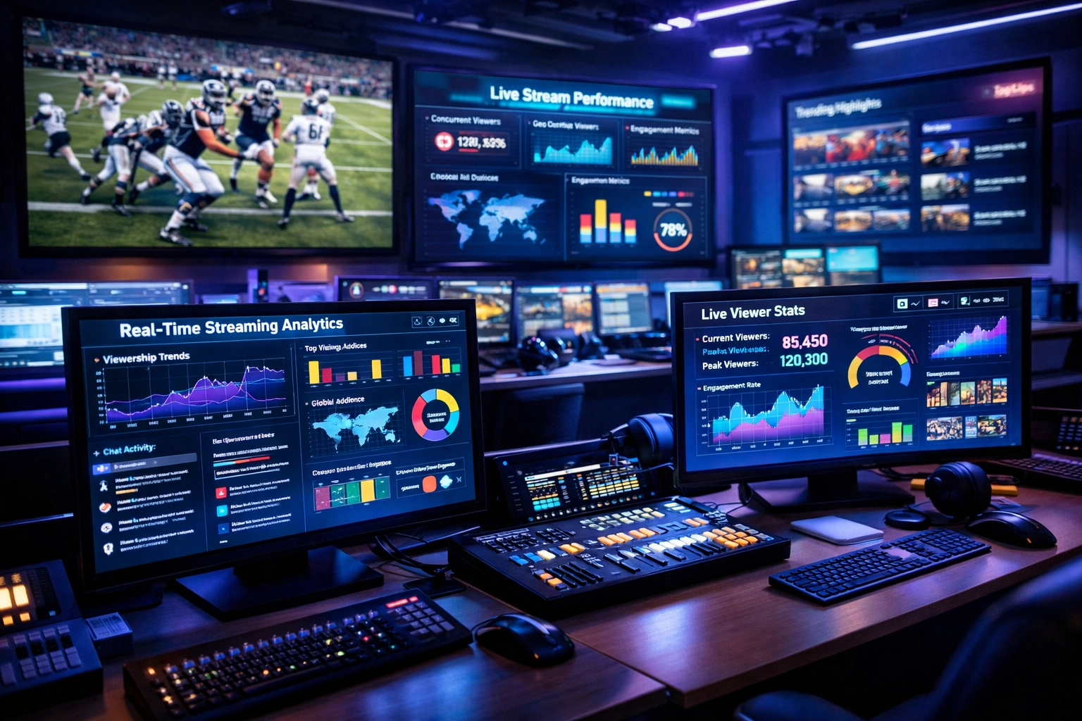 Sports broadcasting control room with streaming analytics and digital media monitoring displays