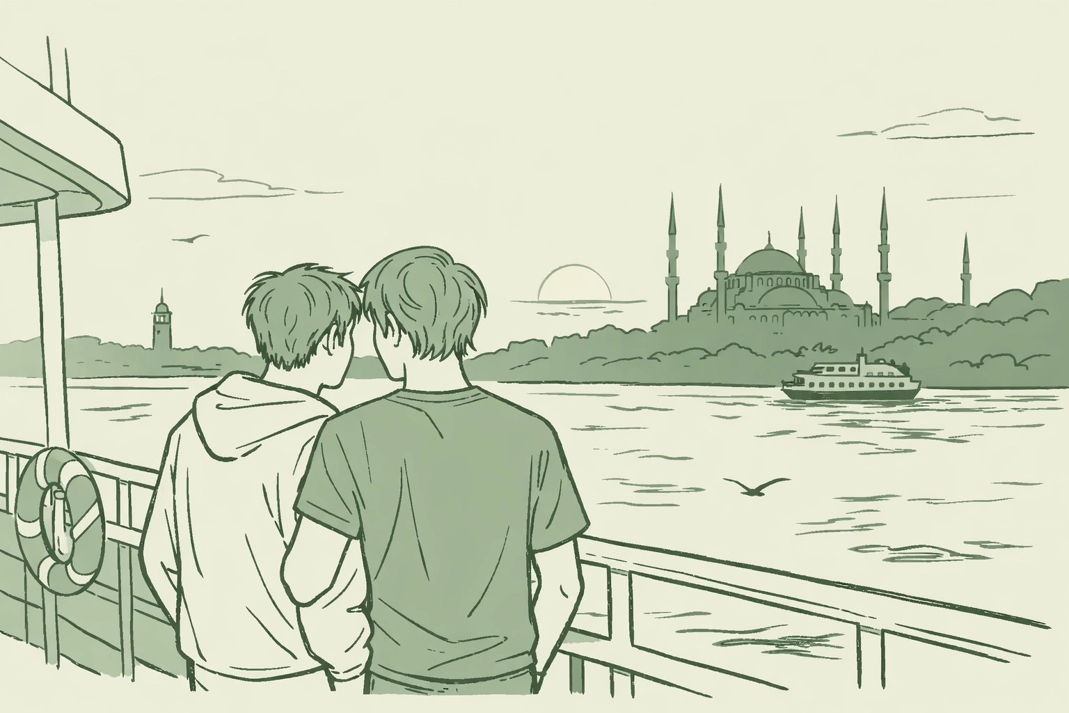 Two men on Bosphorus ferry gazing at Istanbul skyline - MM romance contemporary setting