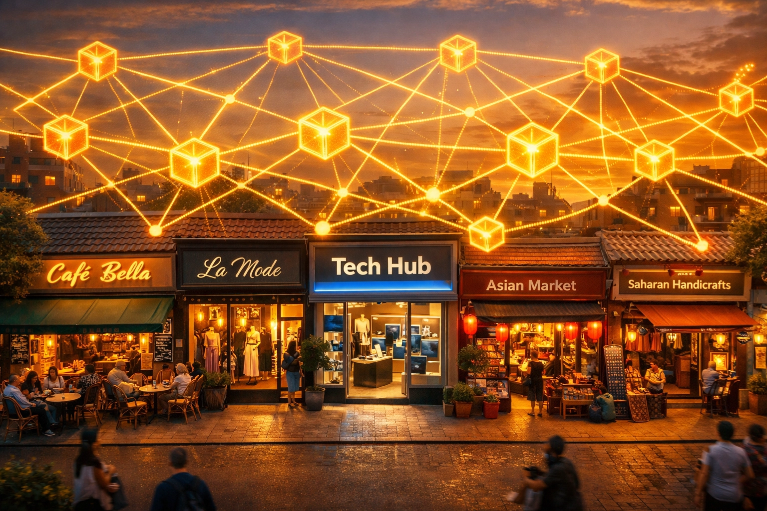 Global merchant storefronts connected by blockchain payment network worldwide