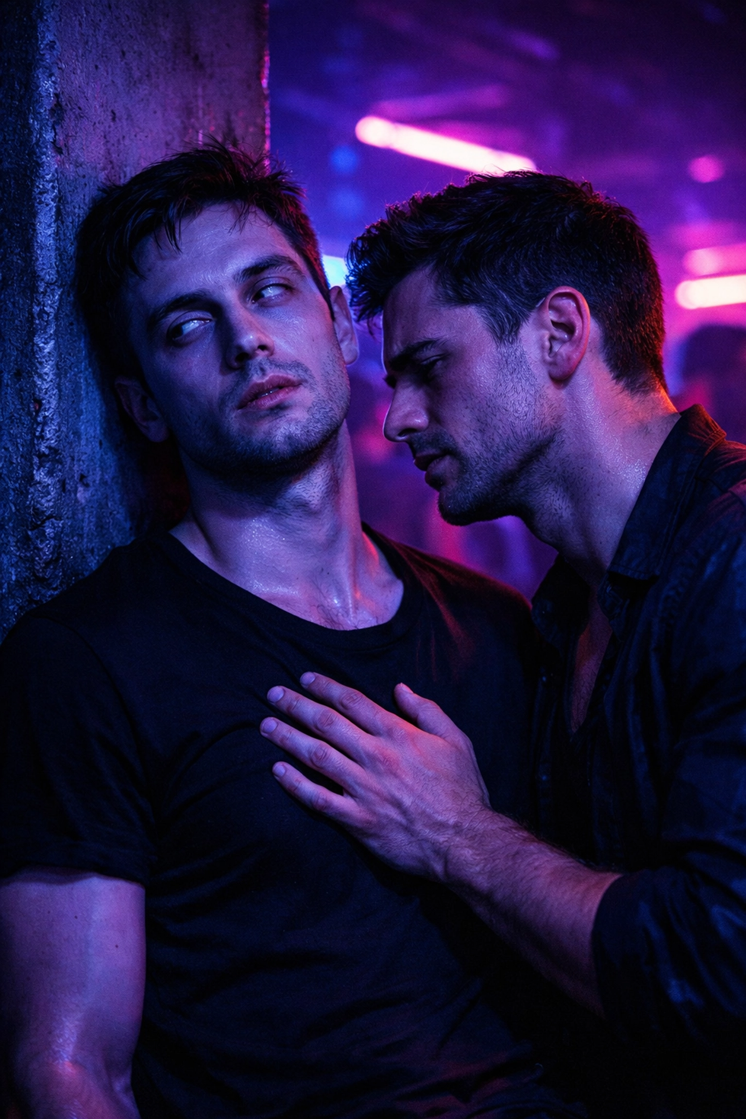 Gay couple in a neon-lit club showing emotional distance and the pain of addiction in MM fiction.