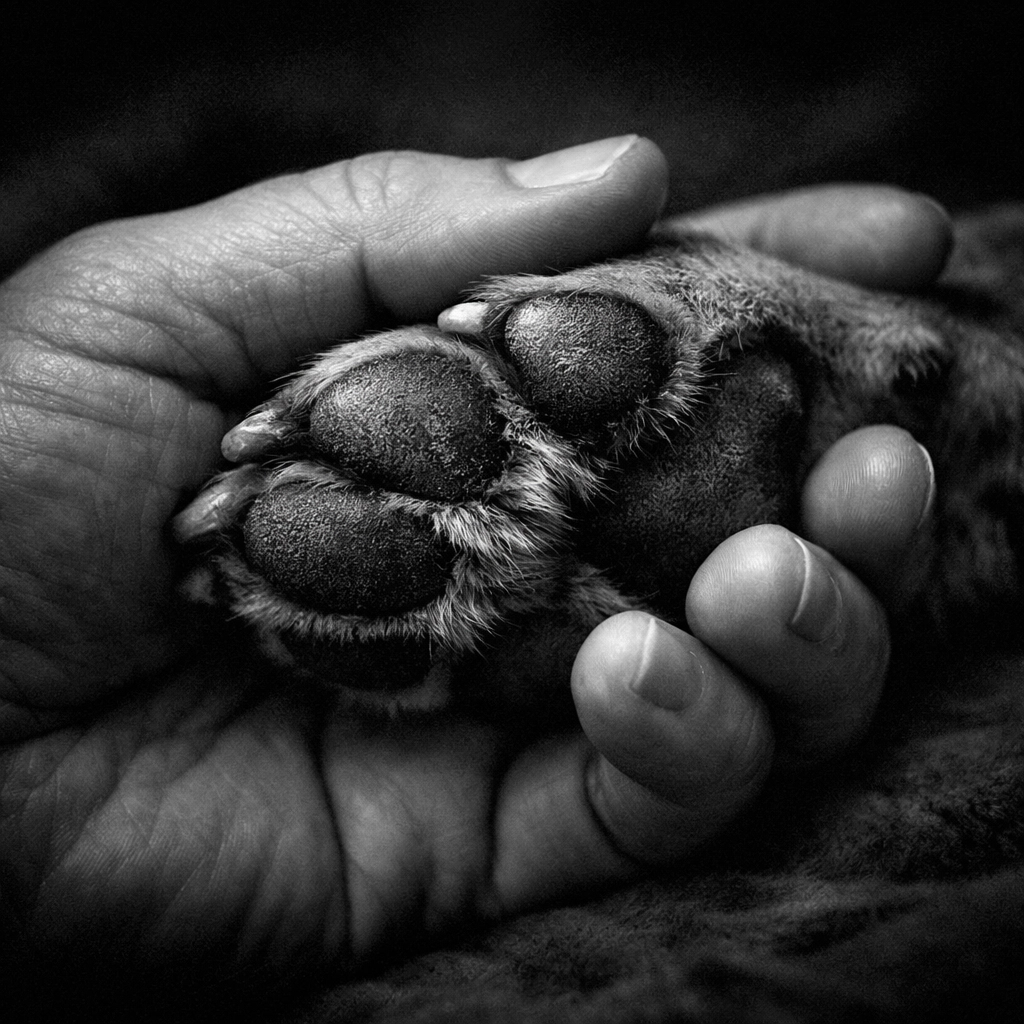 Close-up of a person holding a dog’s paw, representing emotional support and saying goodbye.