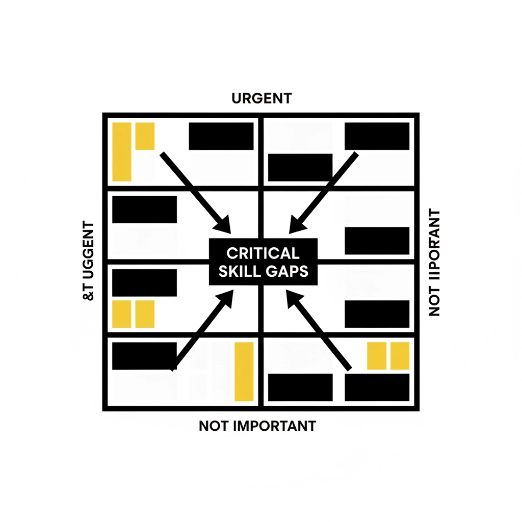 Grid diagram highlighting "Critical Skill Gaps" in the center with arrows pointing from sections marked urgent, important, not important. Yellow blocks.