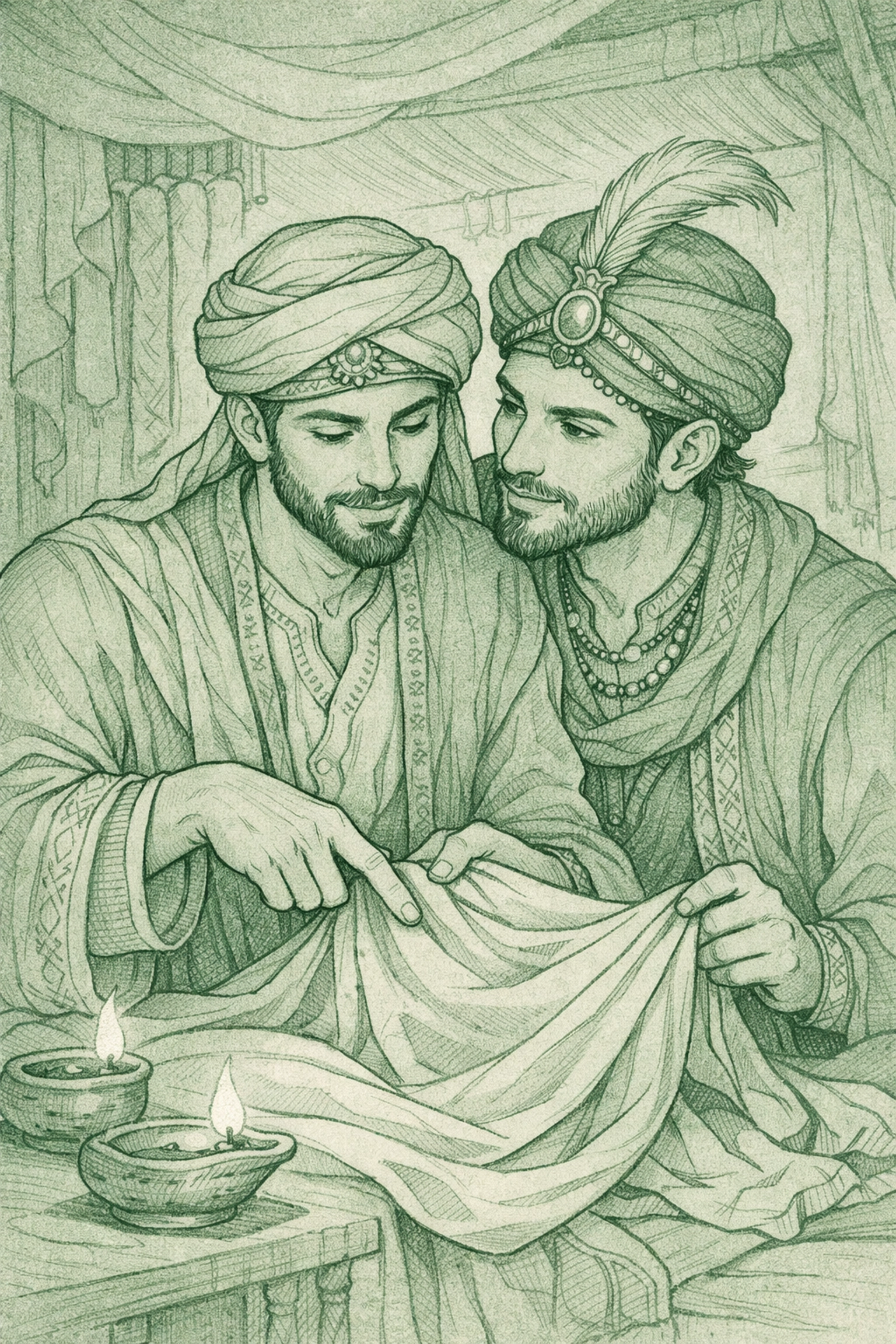 Ancient Persian merchants examine silk fabrics in marketplace - MM historical romance scene