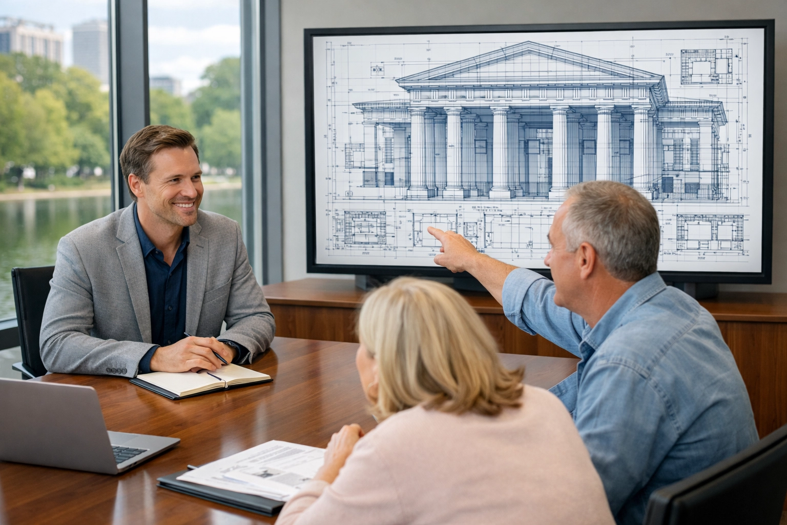 A couple reviews their retirement income planning blueprint and multi-pillar financial architecture with an expert.