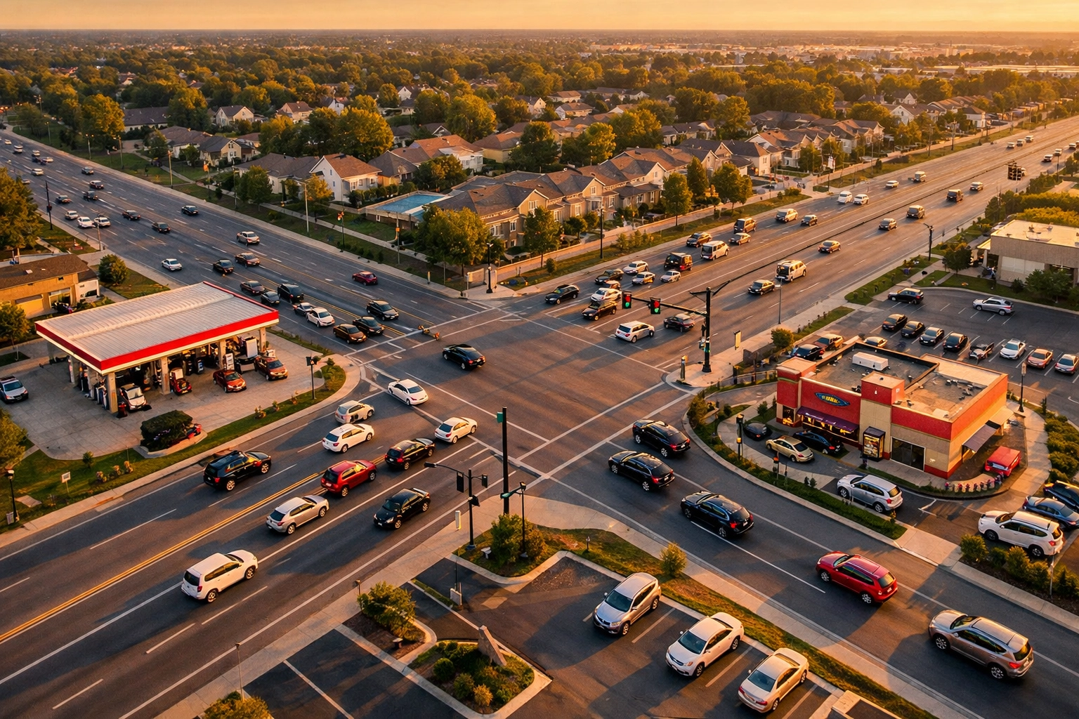 Aerial view of hard corner commercial properties at busy signalized intersection