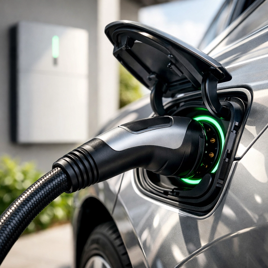 Close-up of an electric car charging with a home solar battery system integrated in the background.