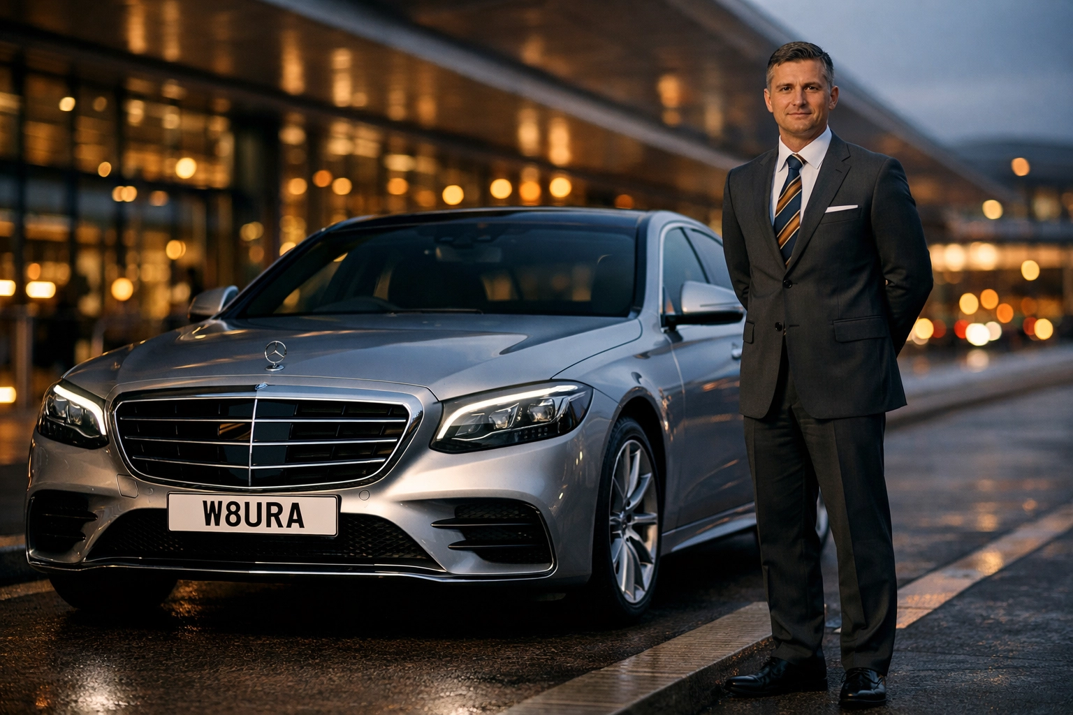 Luxury Mercedes-Benz airport transfer in Nottingham with a professional chauffeur at the terminal.