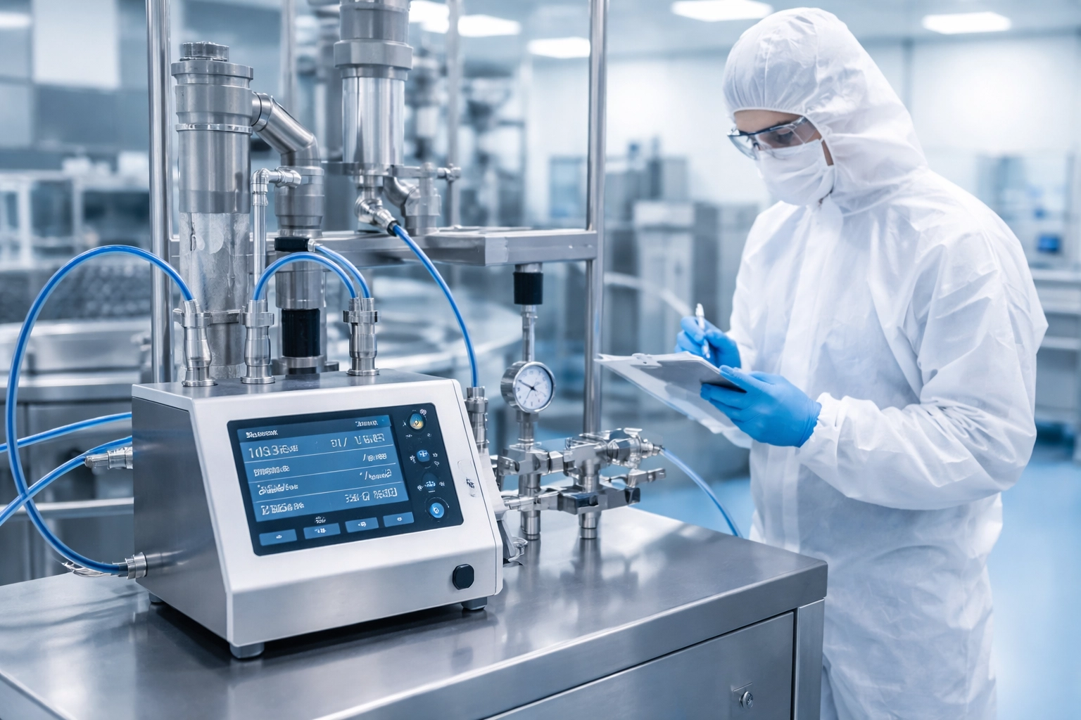 Pharmaceutical clean room technician testing compressed air purity in a sterile industrial environment