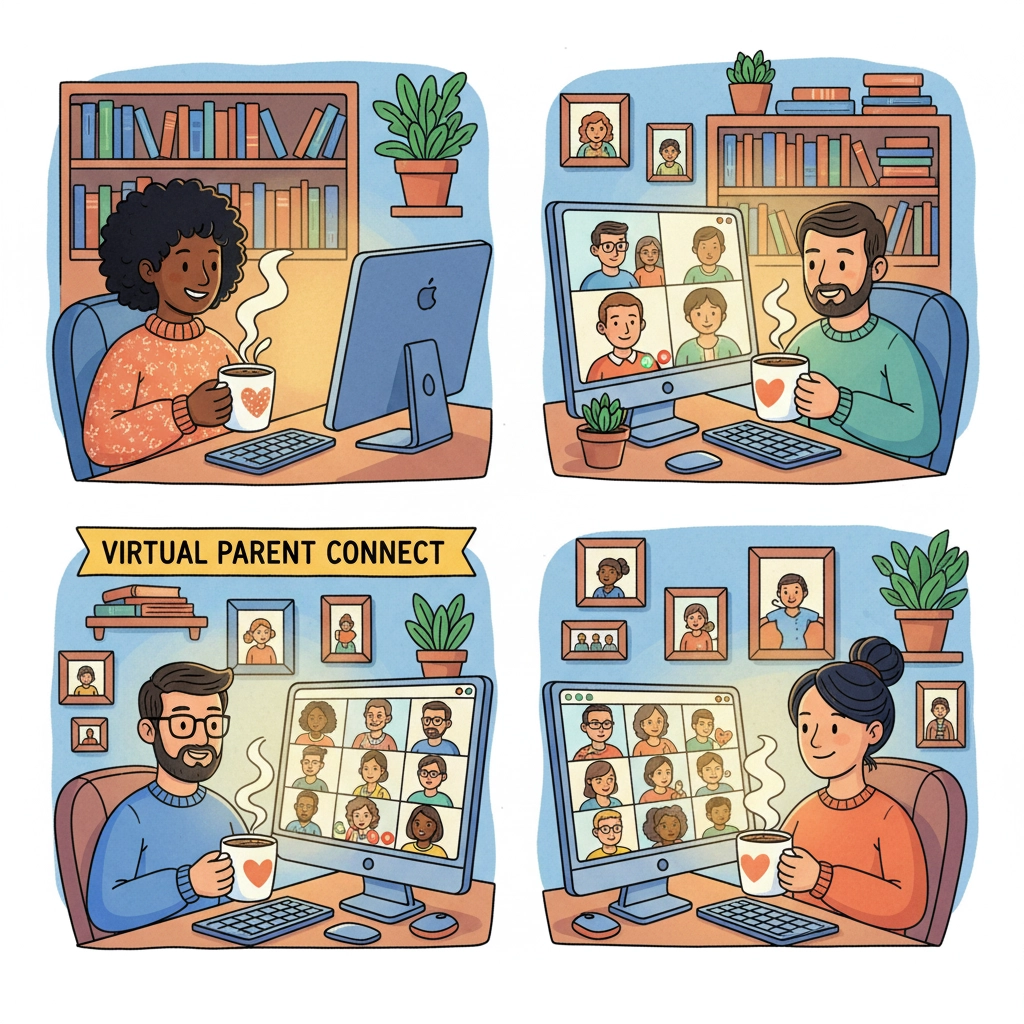 Four people join a virtual meeting titled "Virtual Parent Connect," each smiling with mugs in cozy, plant-filled rooms.