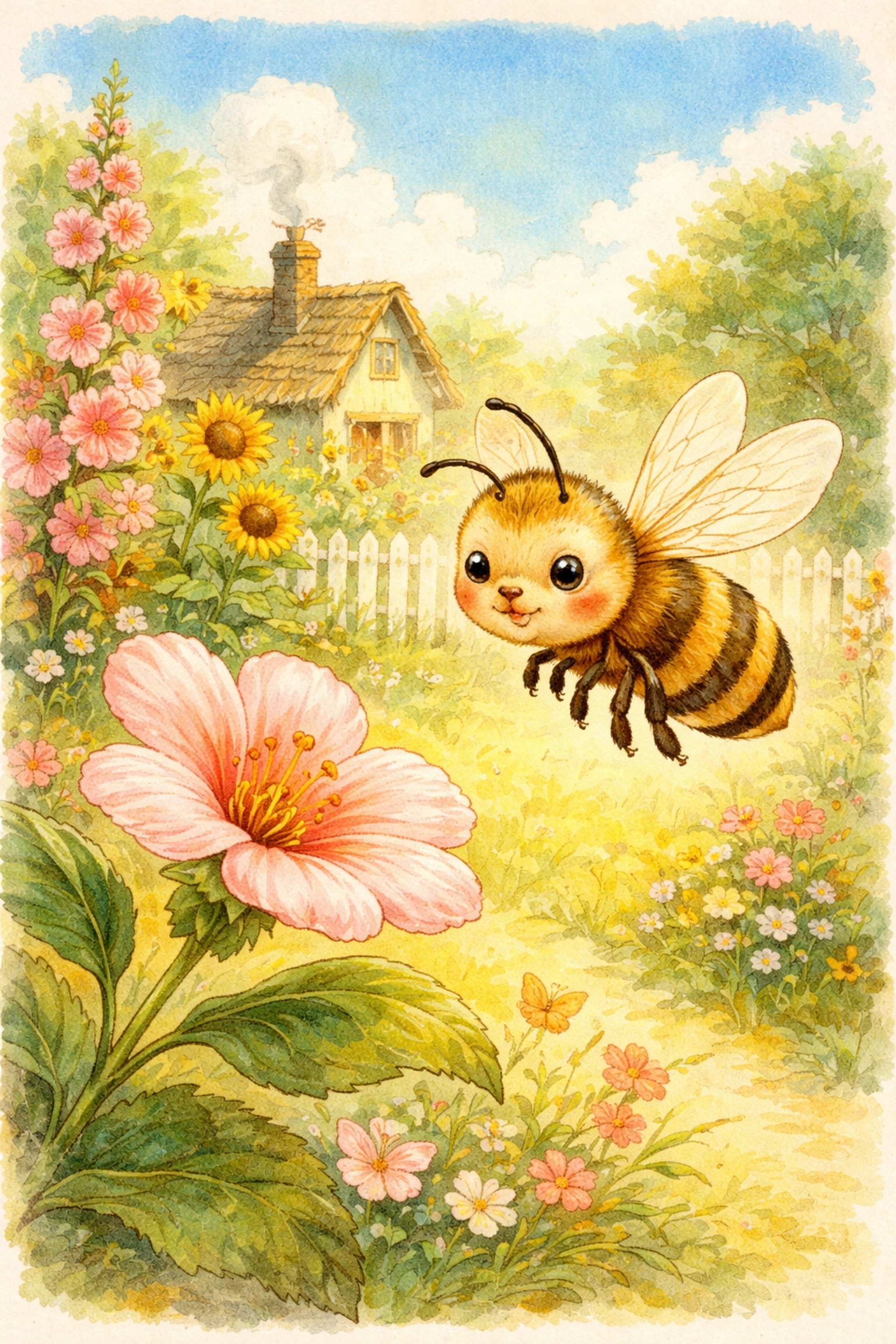 A friendly cartoon honeybee hovers near a flower in a cottage garden, highlighting pollinator activity in gardens.
