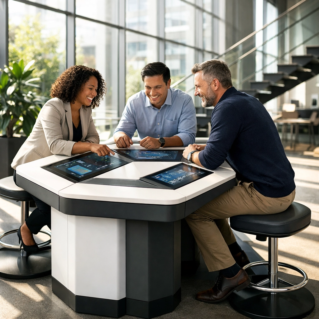 Professionals collaborating at a modern learning pod workstation in a bright glass-walled office.