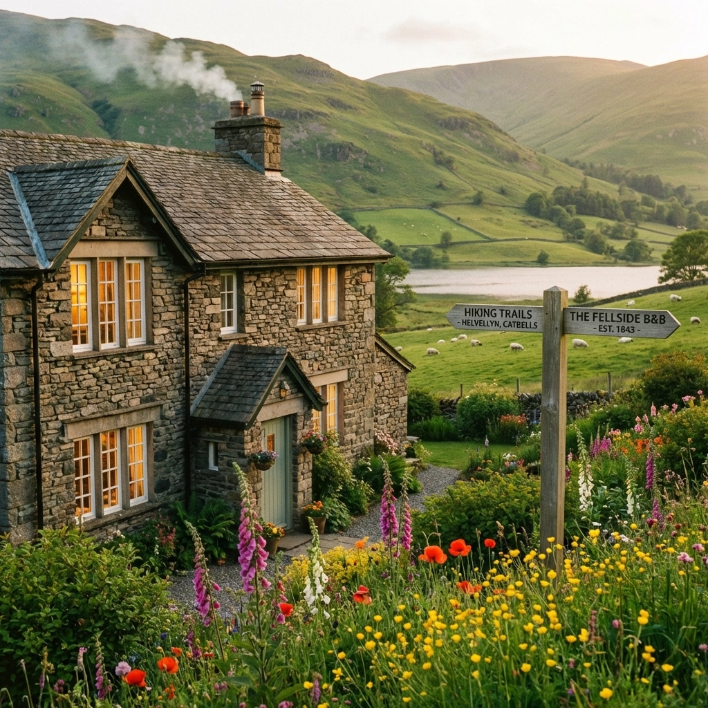 Charming stone cottage B&B in Lake District village at sunset, perfect starting point for guided walks and hiking tours