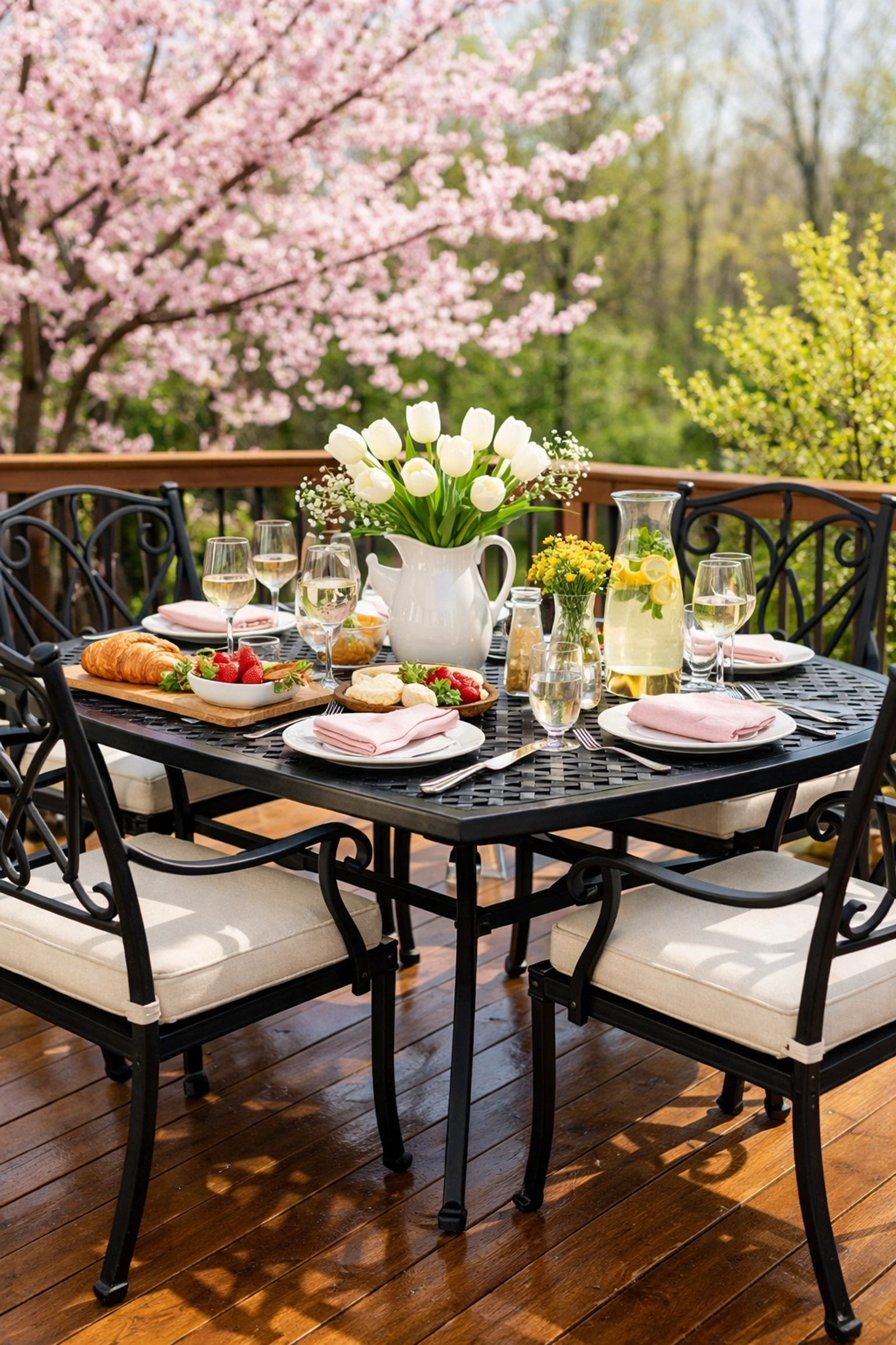 Restored black iron outdoor dining furniture on a clean deck ready for the spring season in New York.