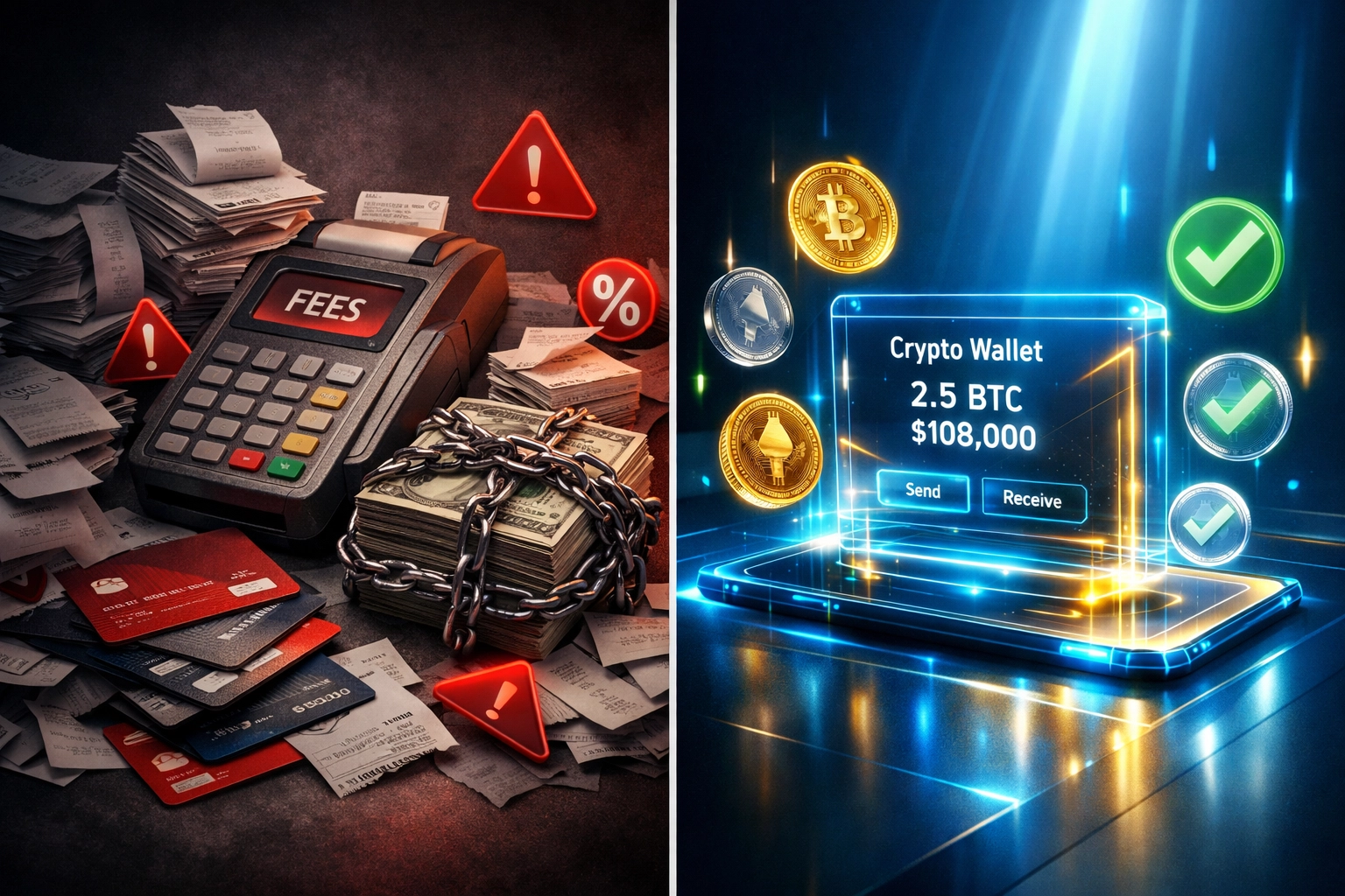 Traditional payment processor vs Web3 crypto wallet comparison showing fee reduction benefits
