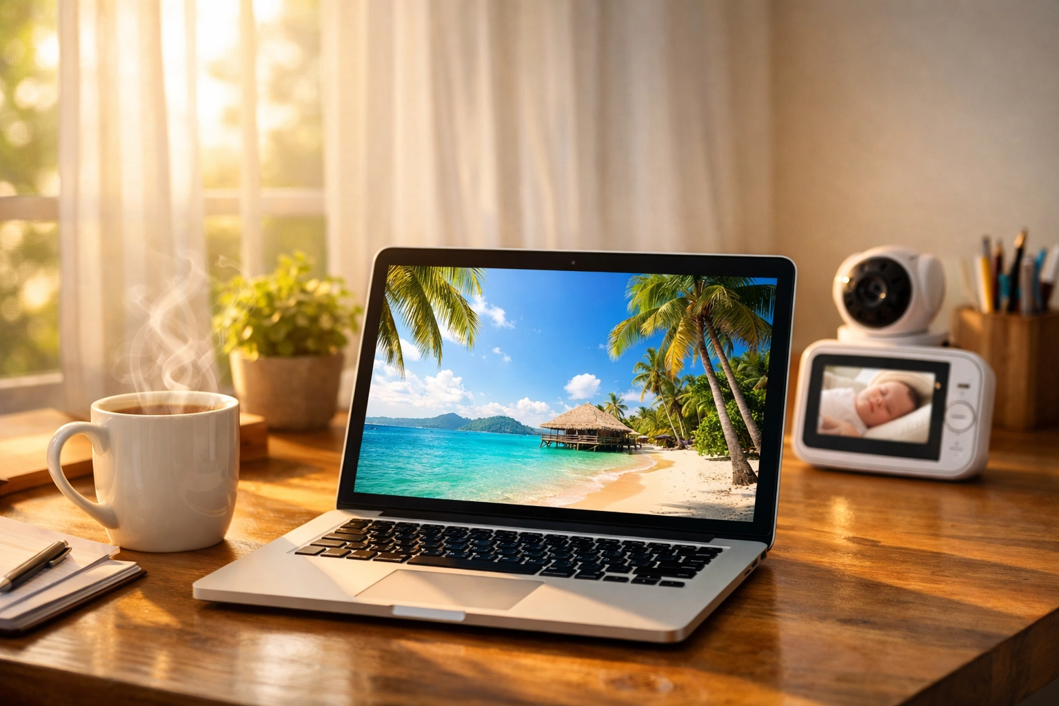 Stay-at-home parent home office with laptop showing beach destinations and baby monitor nearby