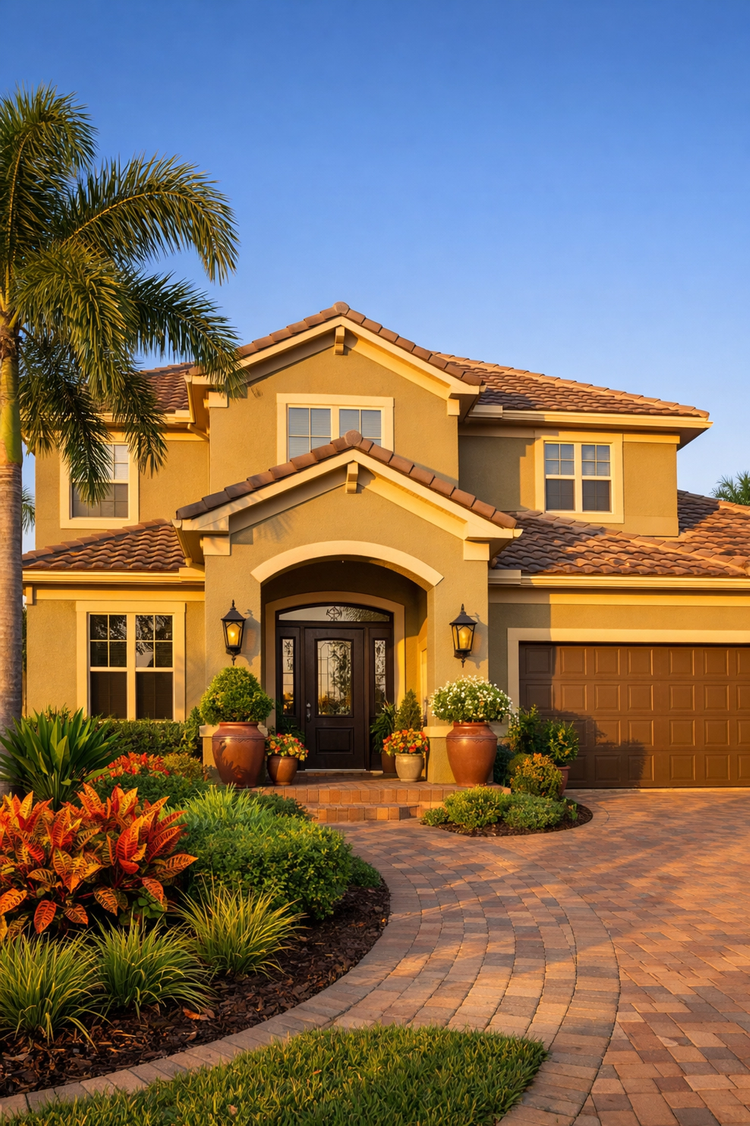 Orlando home exterior painted in Universal Khaki with lush Florida landscaping and palm trees