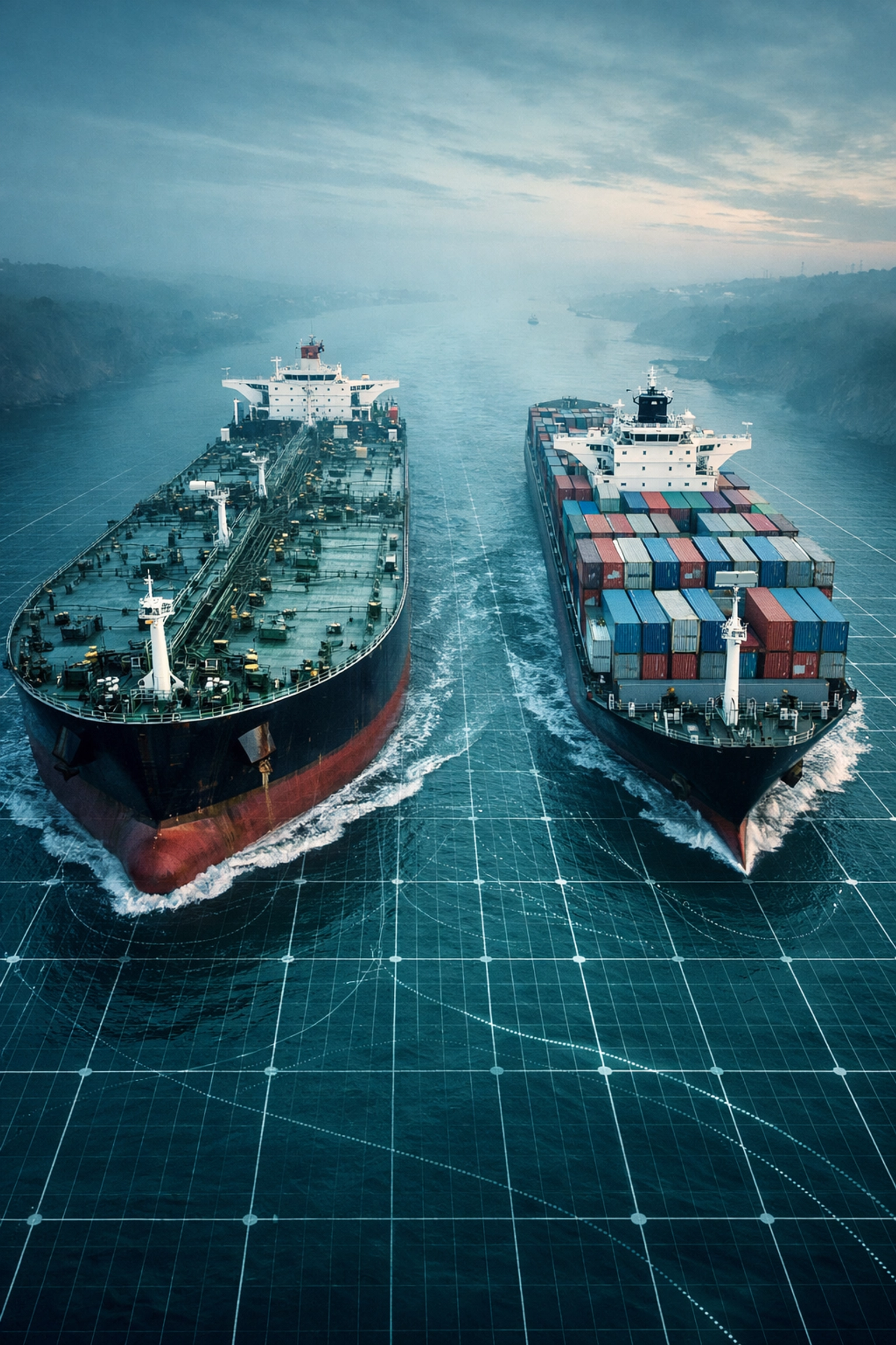 Oil tanker and container ship navigating the narrow Strait of Hormuz during the 2026 maritime blockade.