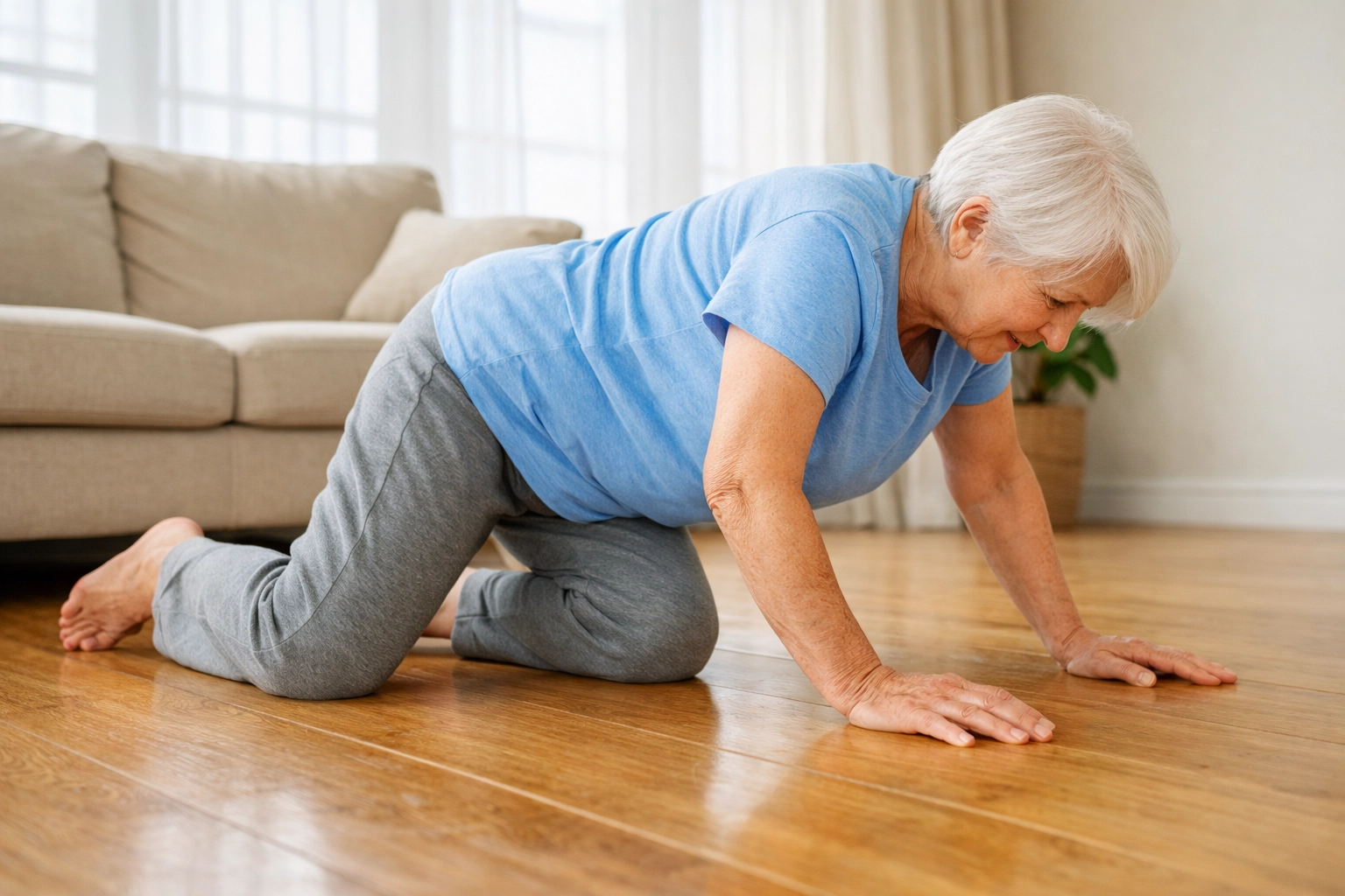 Senior person moving to hands and knees crawling position to get up safely after fall