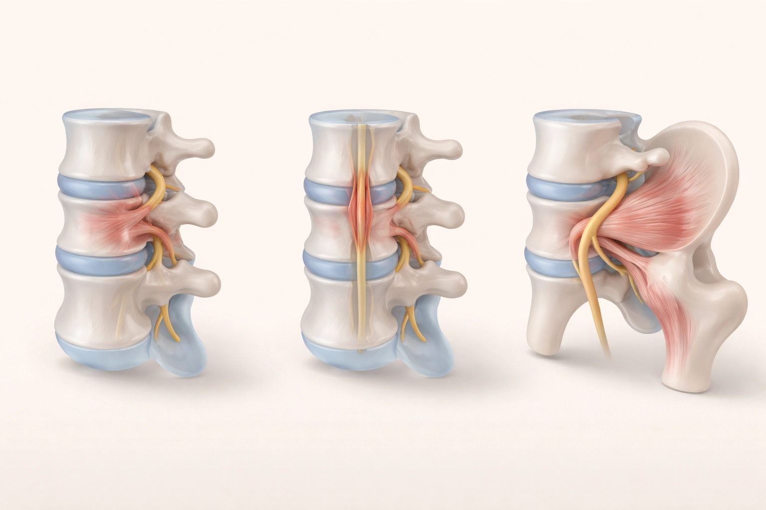 Medical illustration comparing herniated disc, spinal stenosis, and piriformis syndrome side by side for sciatica causes