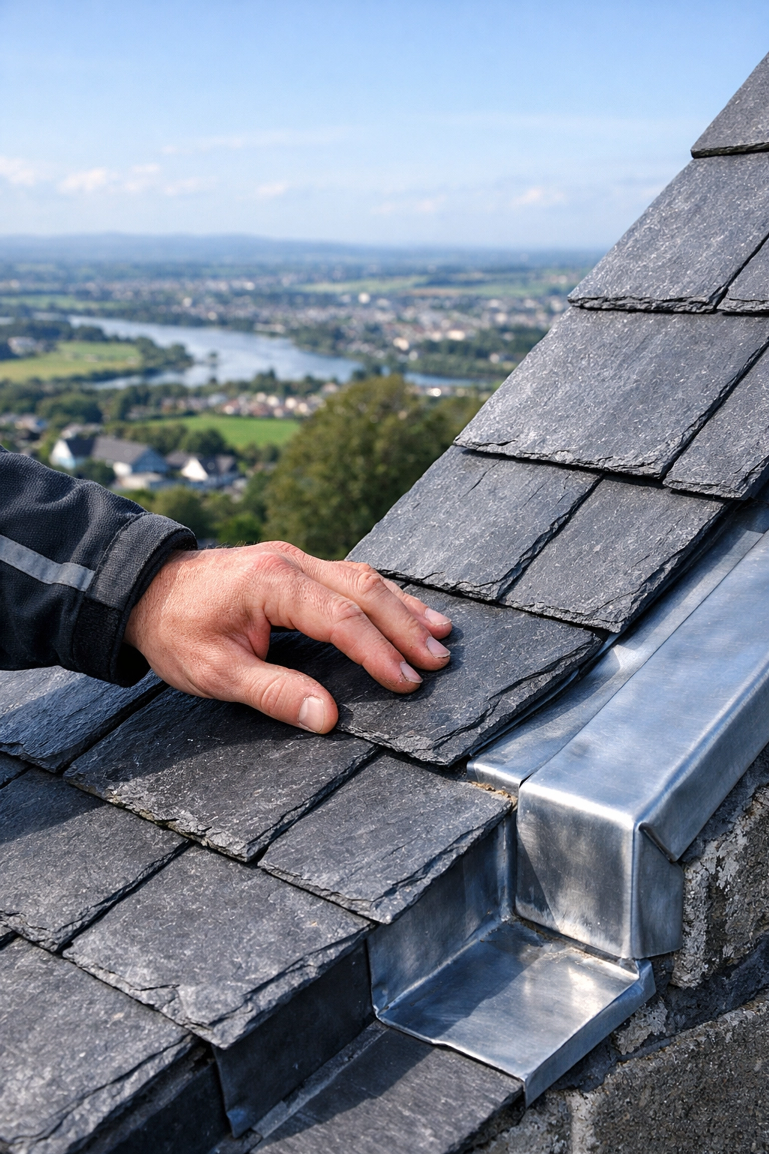 A detailed roof inspection in Lisburn showing a specialist checking slate tiles and lead flashing.