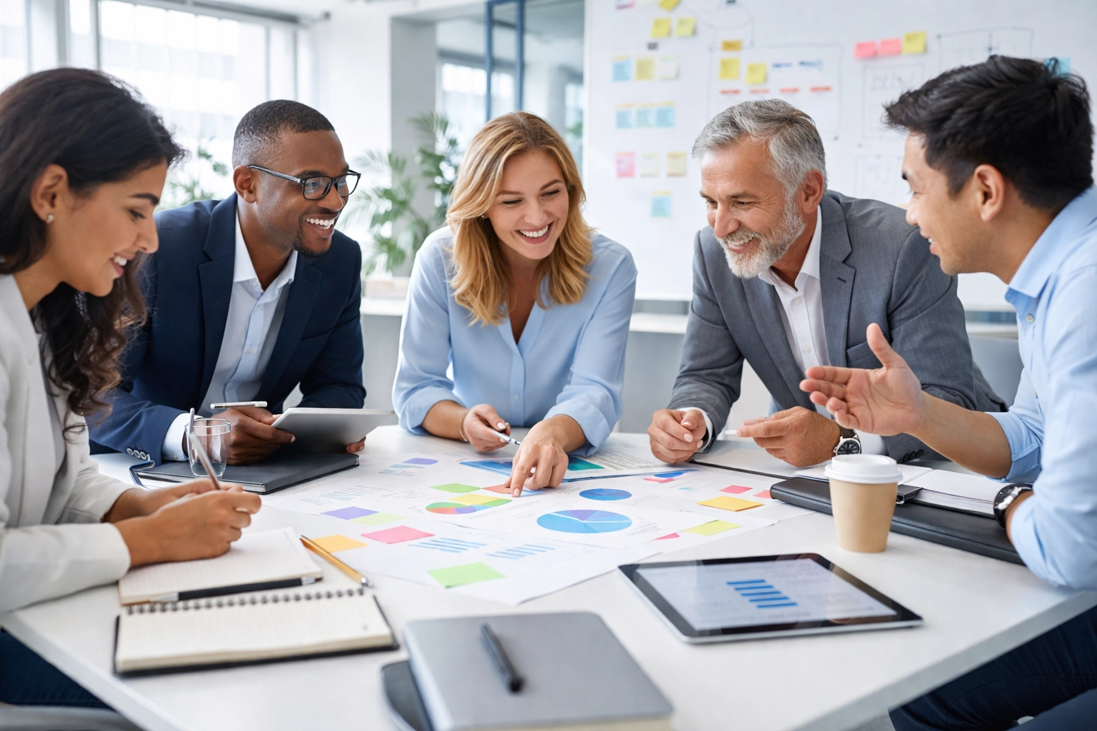 Diverse group of business leaders actively collaborating in a leadership workshop, demonstrating effective learning.