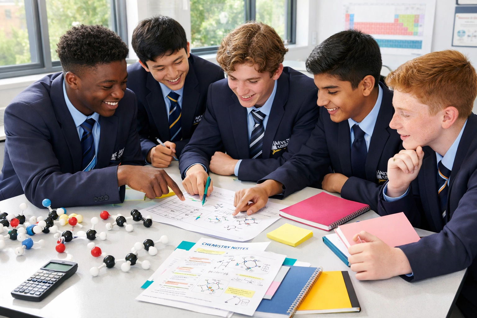 GCSE science students collaborating on chemistry problems during Dulwich revision course
